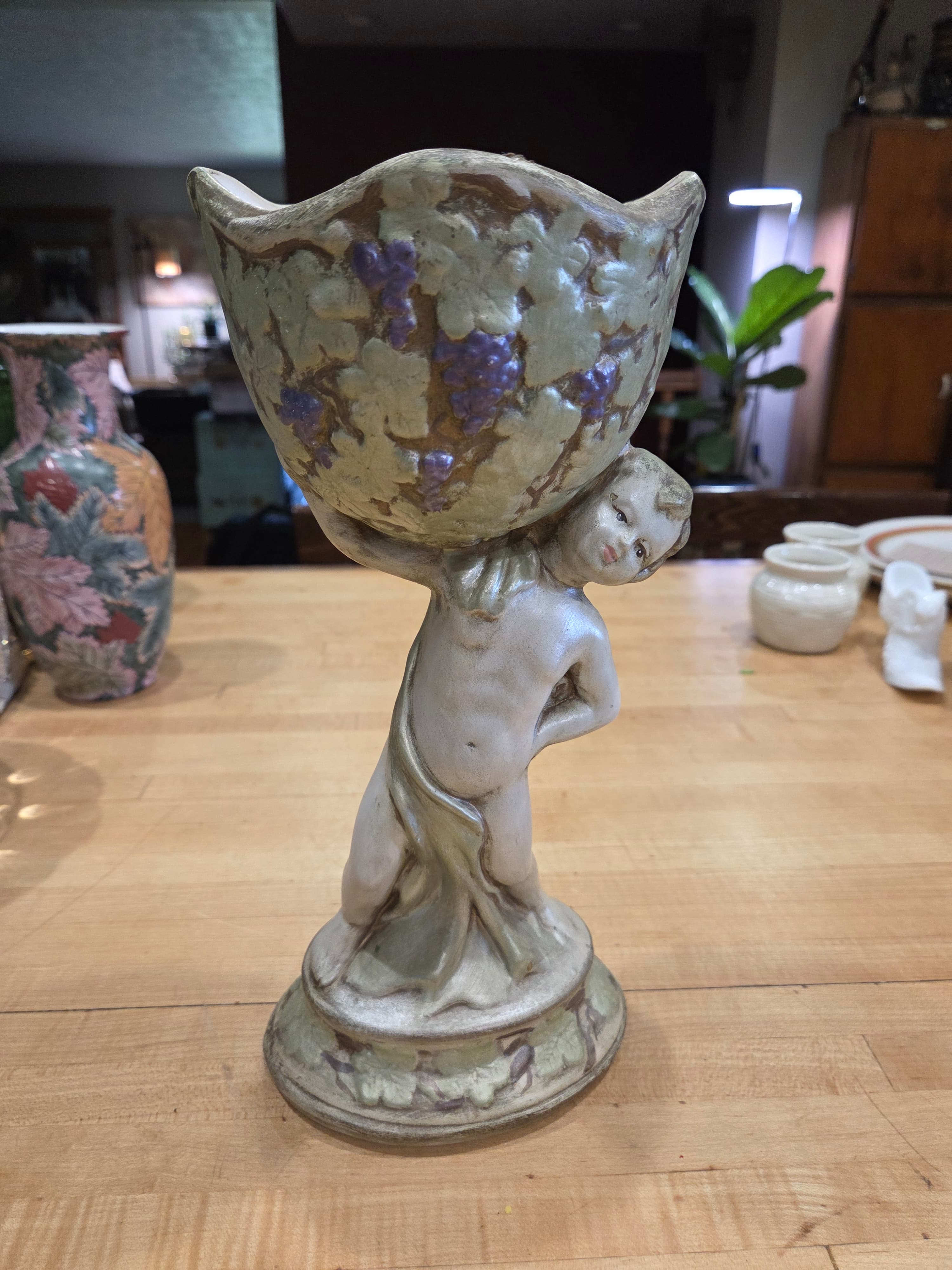 Vintage Texas Ware Ceramic Putty Cherub Grape Pedestal Urn Planter