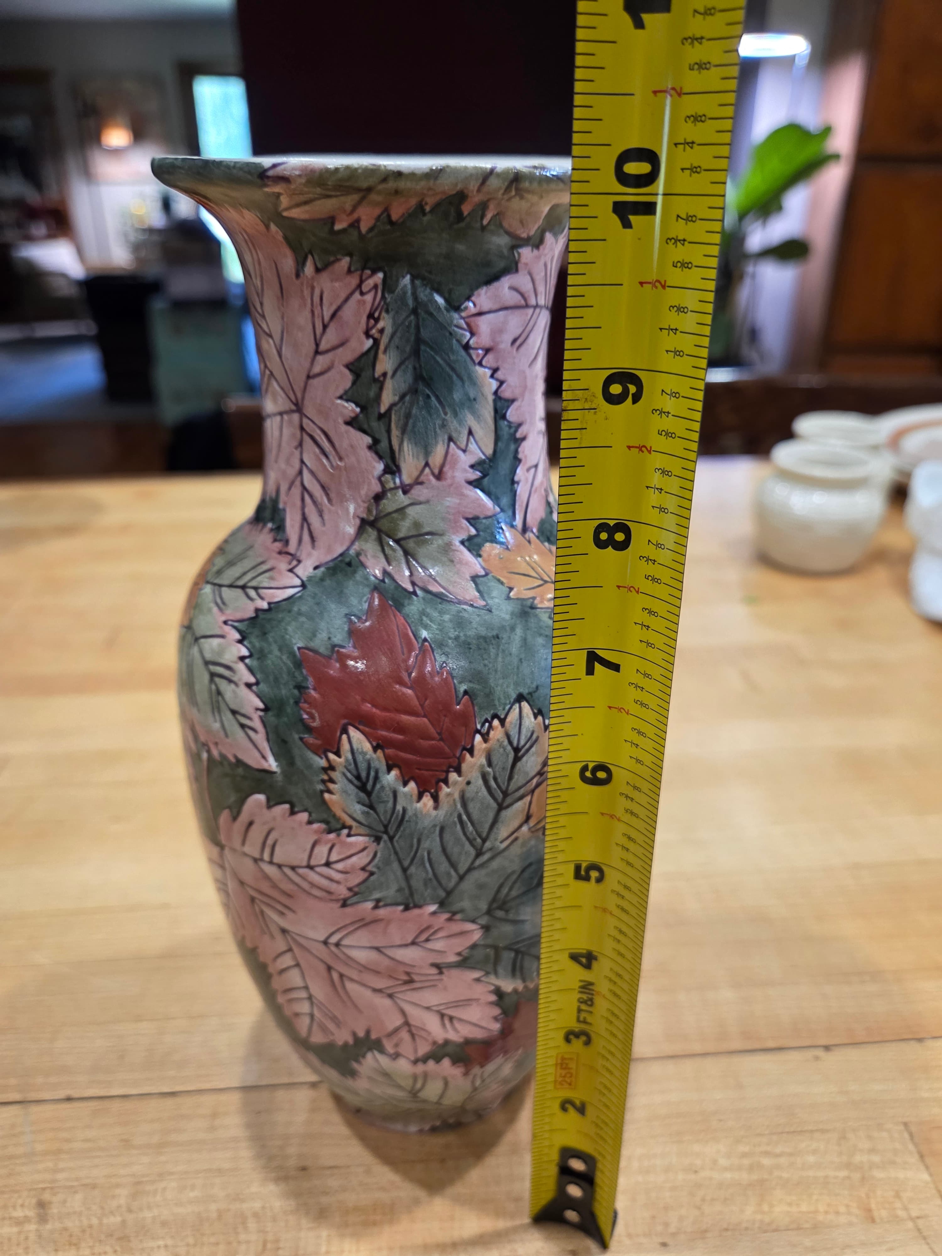 Vintage Chinese Sgraffito Autumn Leaves Decorative Porcelain Vase - Thumbnail 7