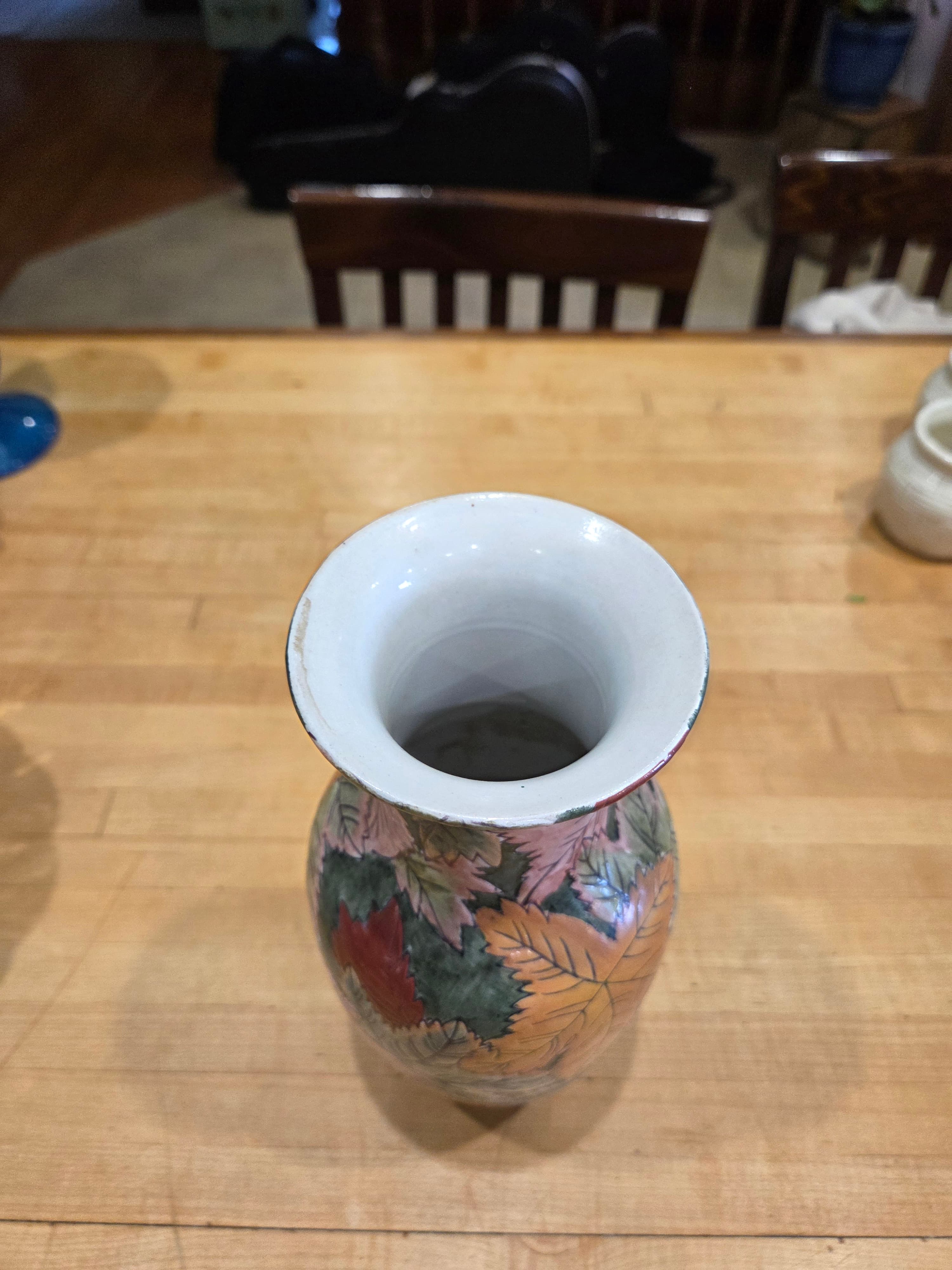 Vintage Chinese Sgraffito Autumn Leaves Decorative Porcelain Vase - Thumbnail 4