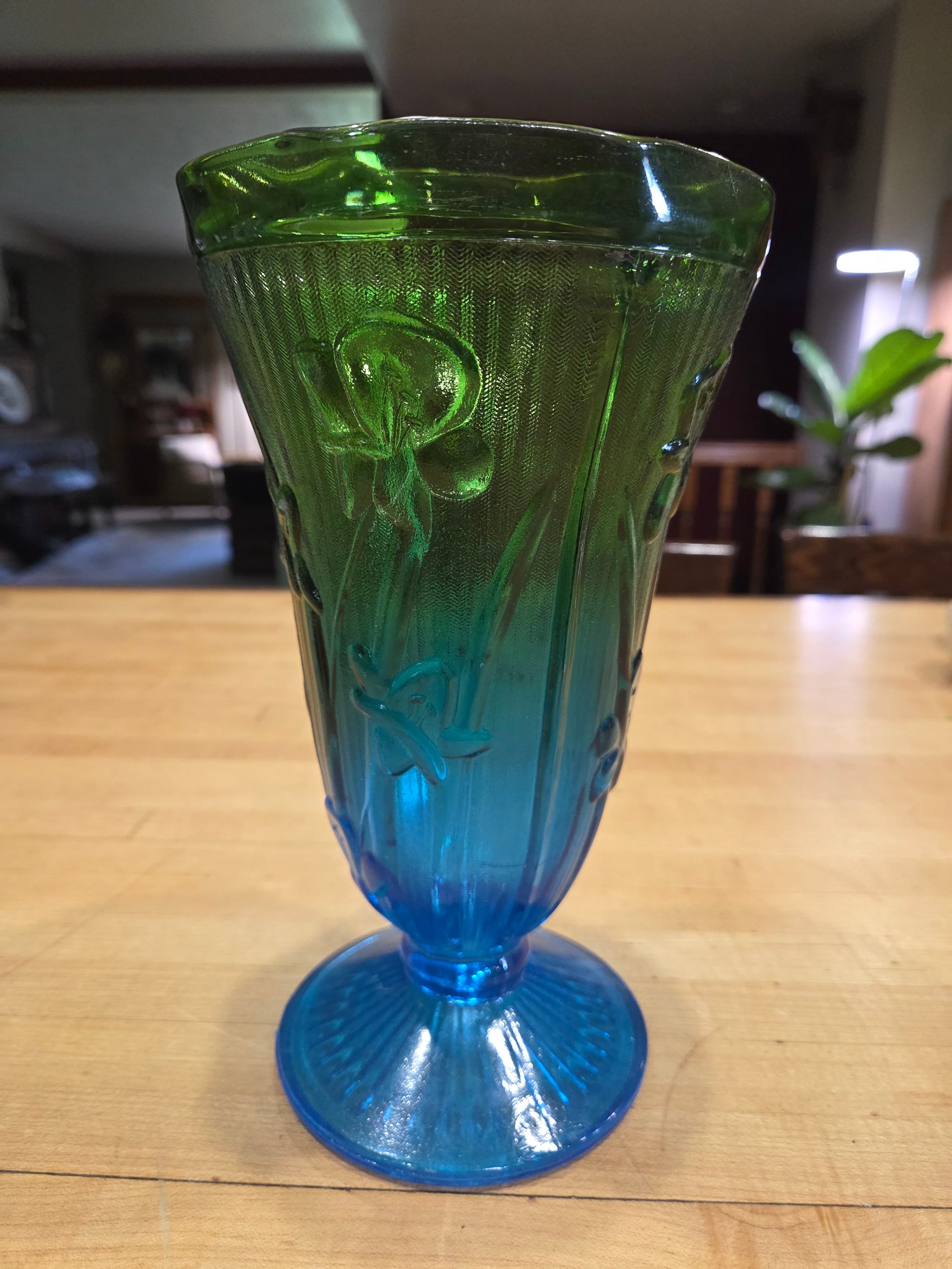Vintage Jeannette Glass Iris and Herringbone Delphite Ombre Footed Vase