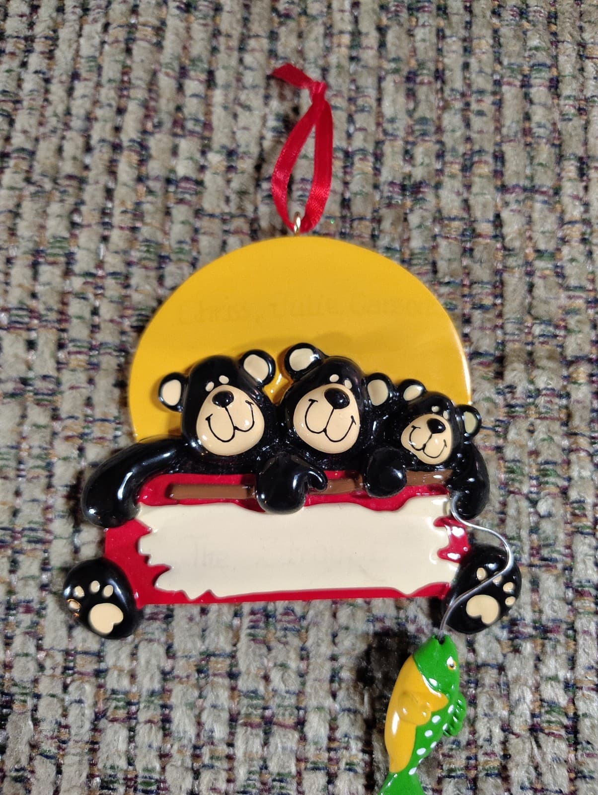 3 Black Bears Fishing Christmas Ornaments
