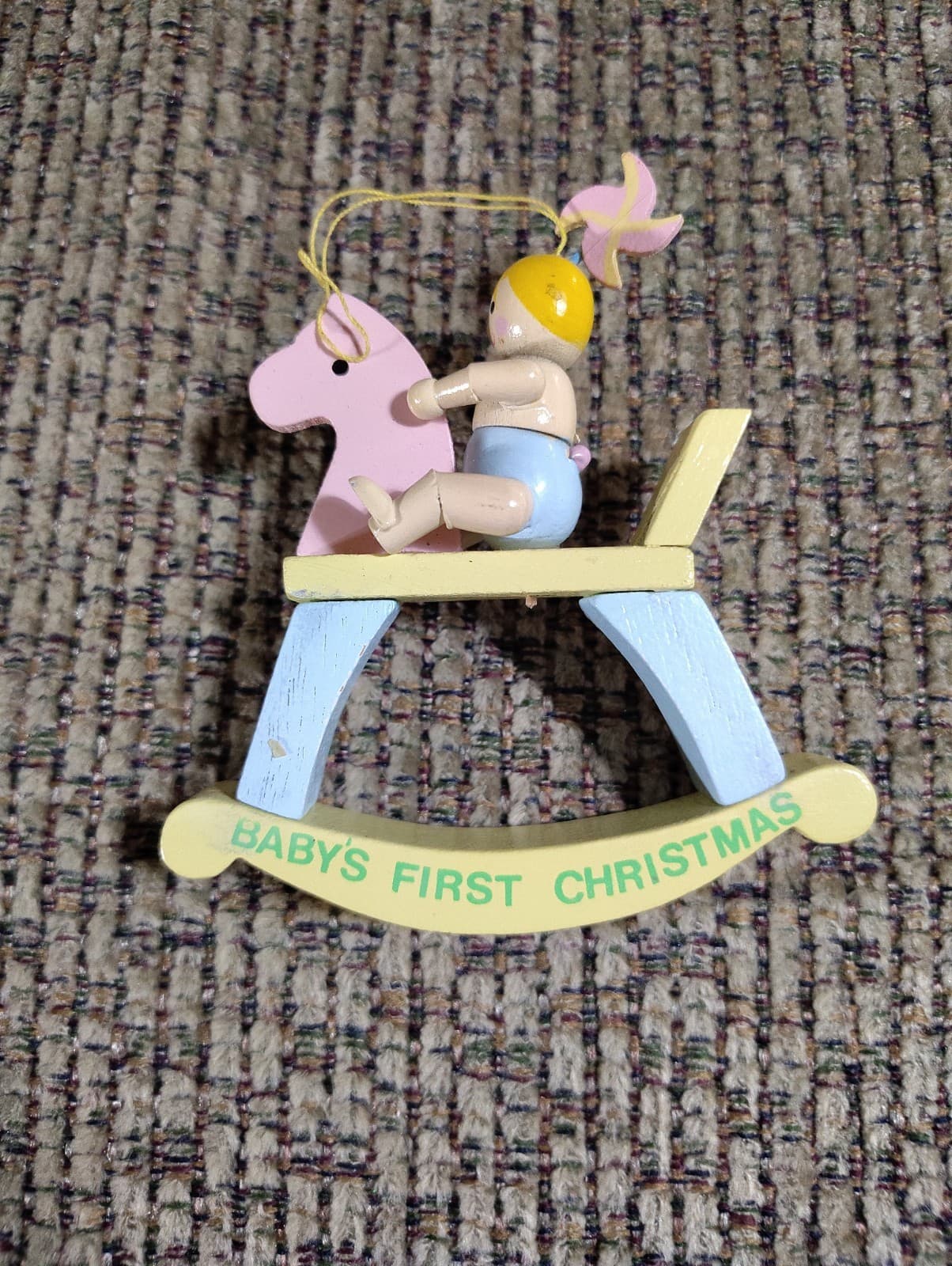 Vintage Wooden Rocking Horse Christmas Ornament - Pastel -Baby- 1st Christmas - Thumbnail 2