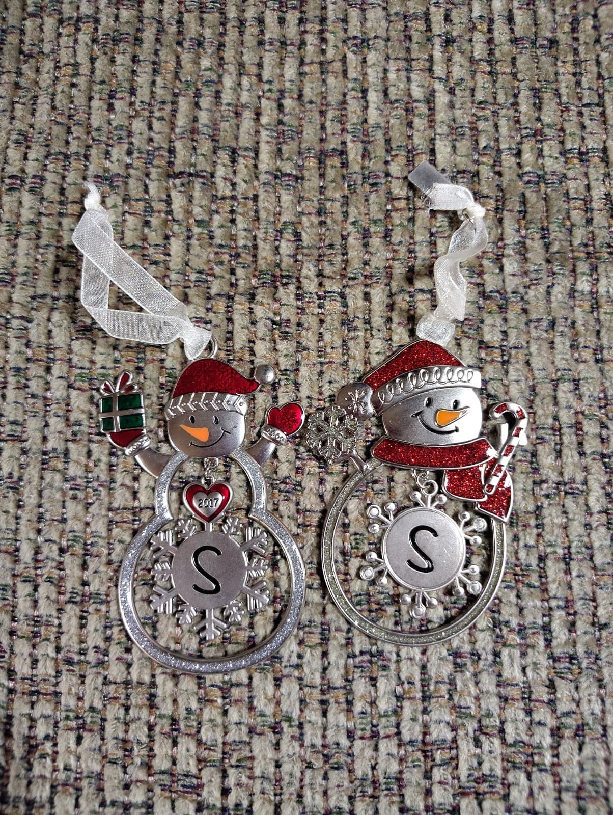 New Metal letter F Monogram Snowman Christmas Tree Ornament