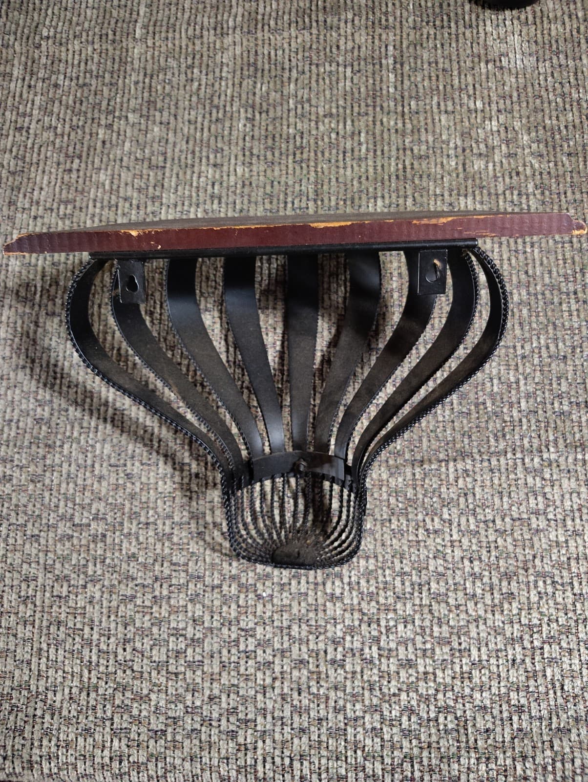 12.5" Vintage Black Metal / Cherry Stained Wood Wall Sconce Shelf Half Round Top - Thumbnail 2