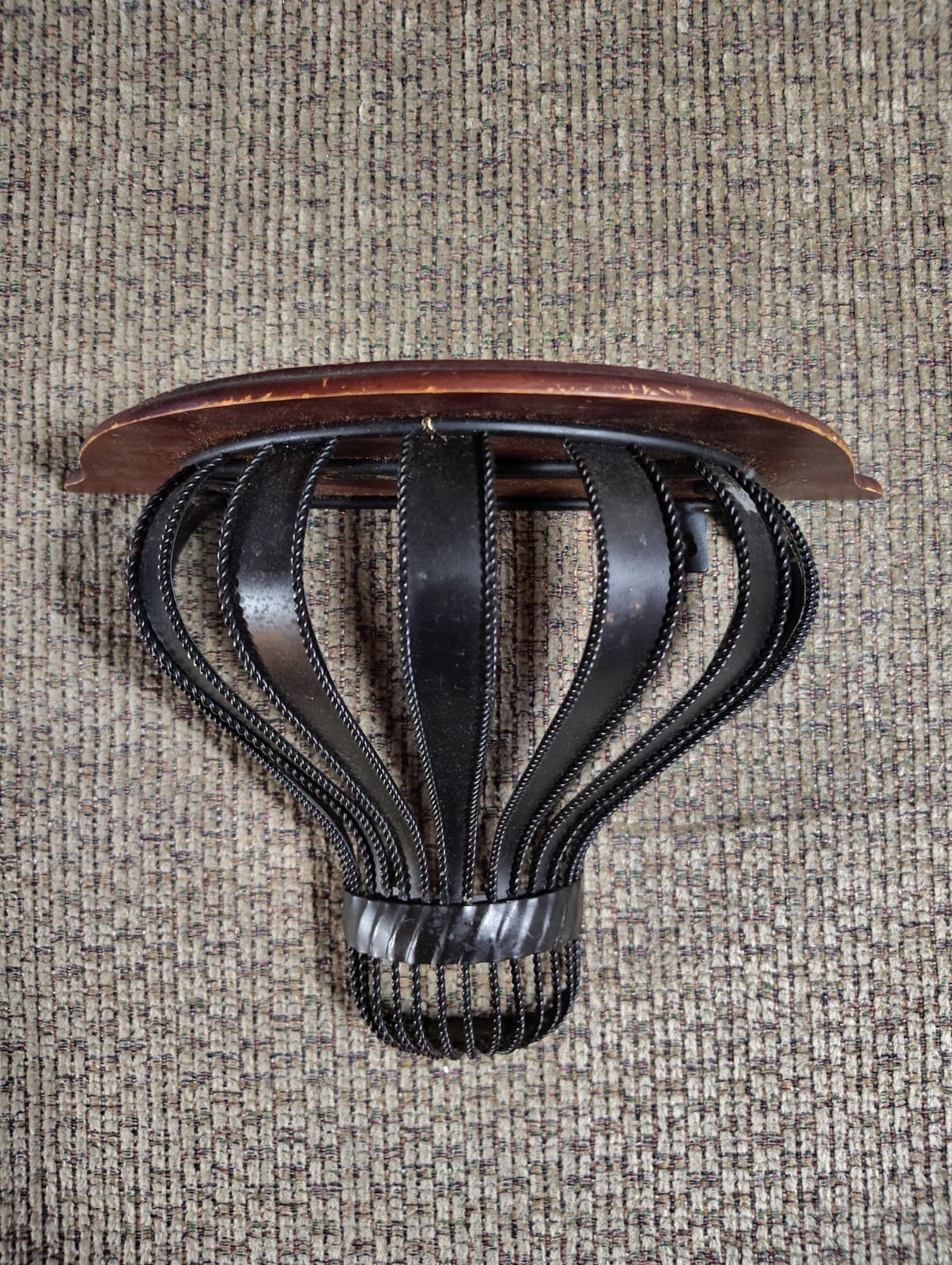 12.5" Vintage Black Metal / Cherry Stained Wood Wall Sconce Shelf Half Round Top