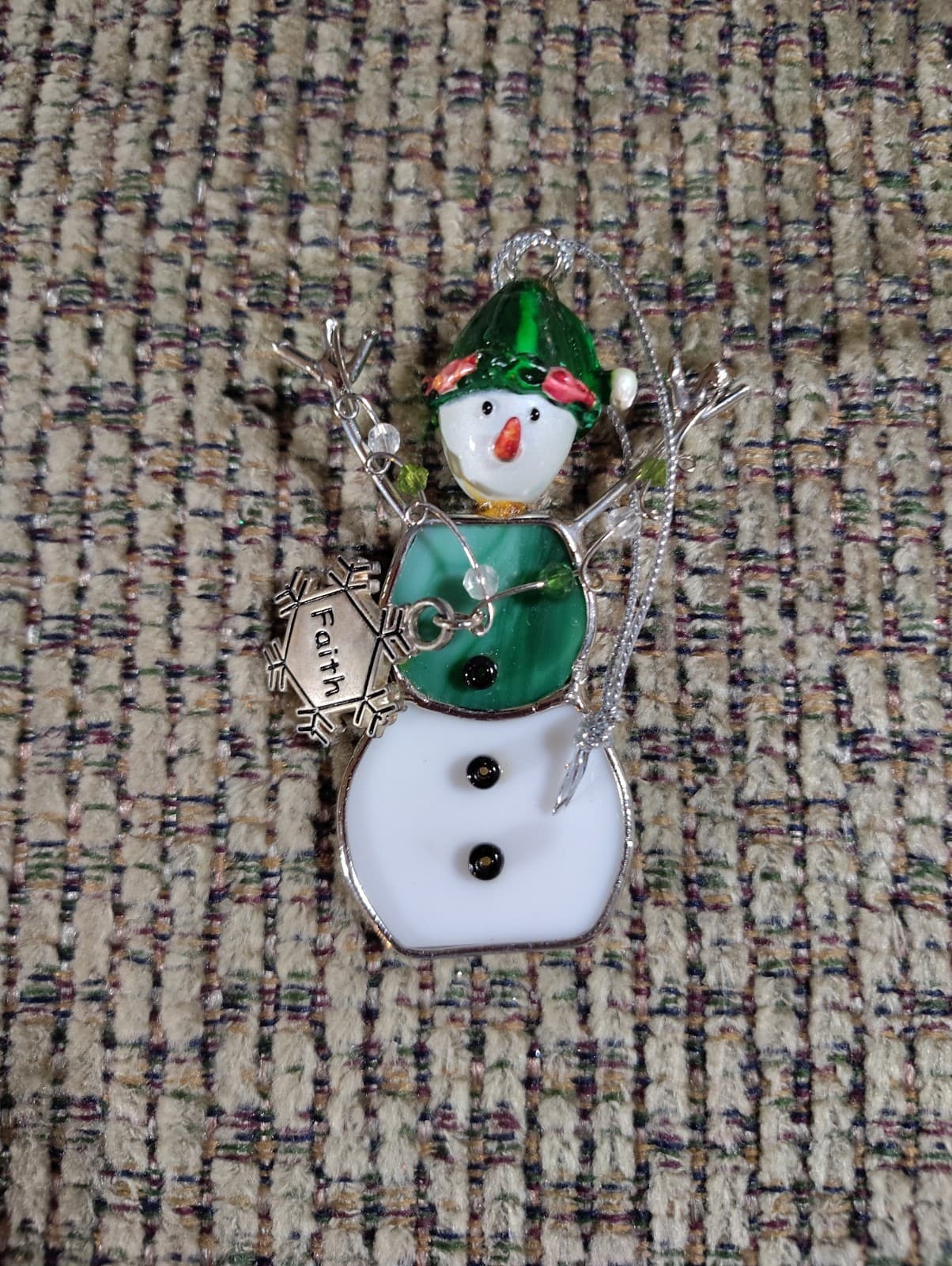 WHITE & GREEN GLASS SNOWMAN 2 Inch ORNAMENT UNBRANDED