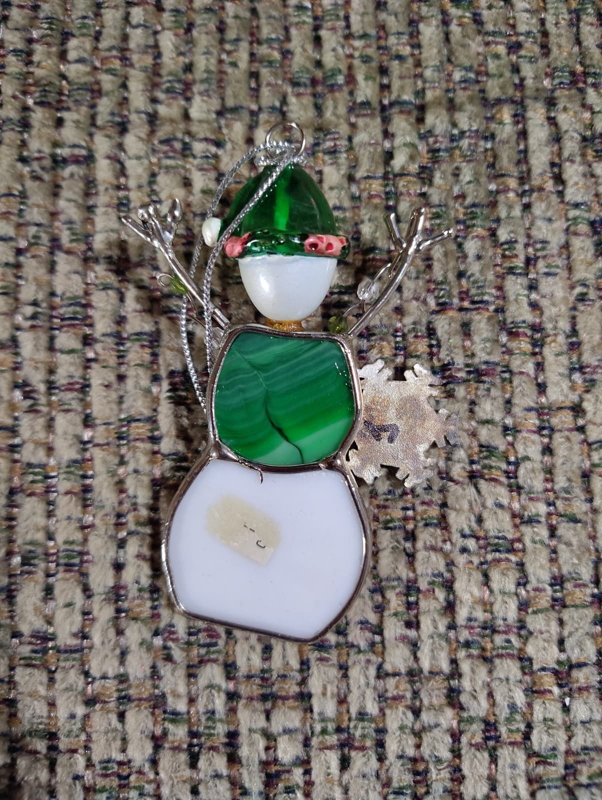 WHITE & GREEN GLASS SNOWMAN 2 Inch ORNAMENT UNBRANDED - Thumbnail 2