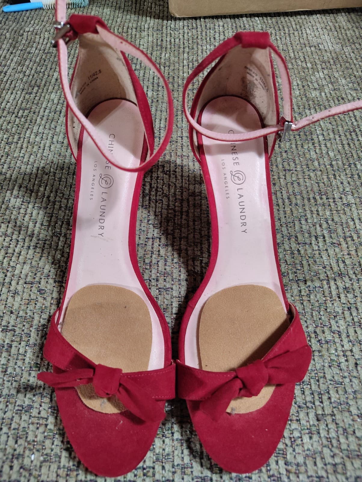 Chinese Laundry Red Bow Ankle Strap Strappy Stiletto Suede Heels US 9.5 EU 40