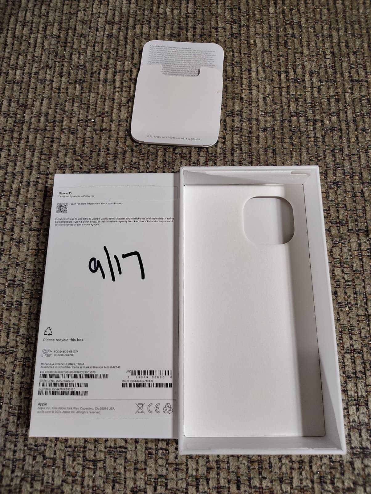 Apple iPhone 15 Empty Retail Box Only Black 128GB Model A2846 MTMJ3LL/A - Thumbnail 2