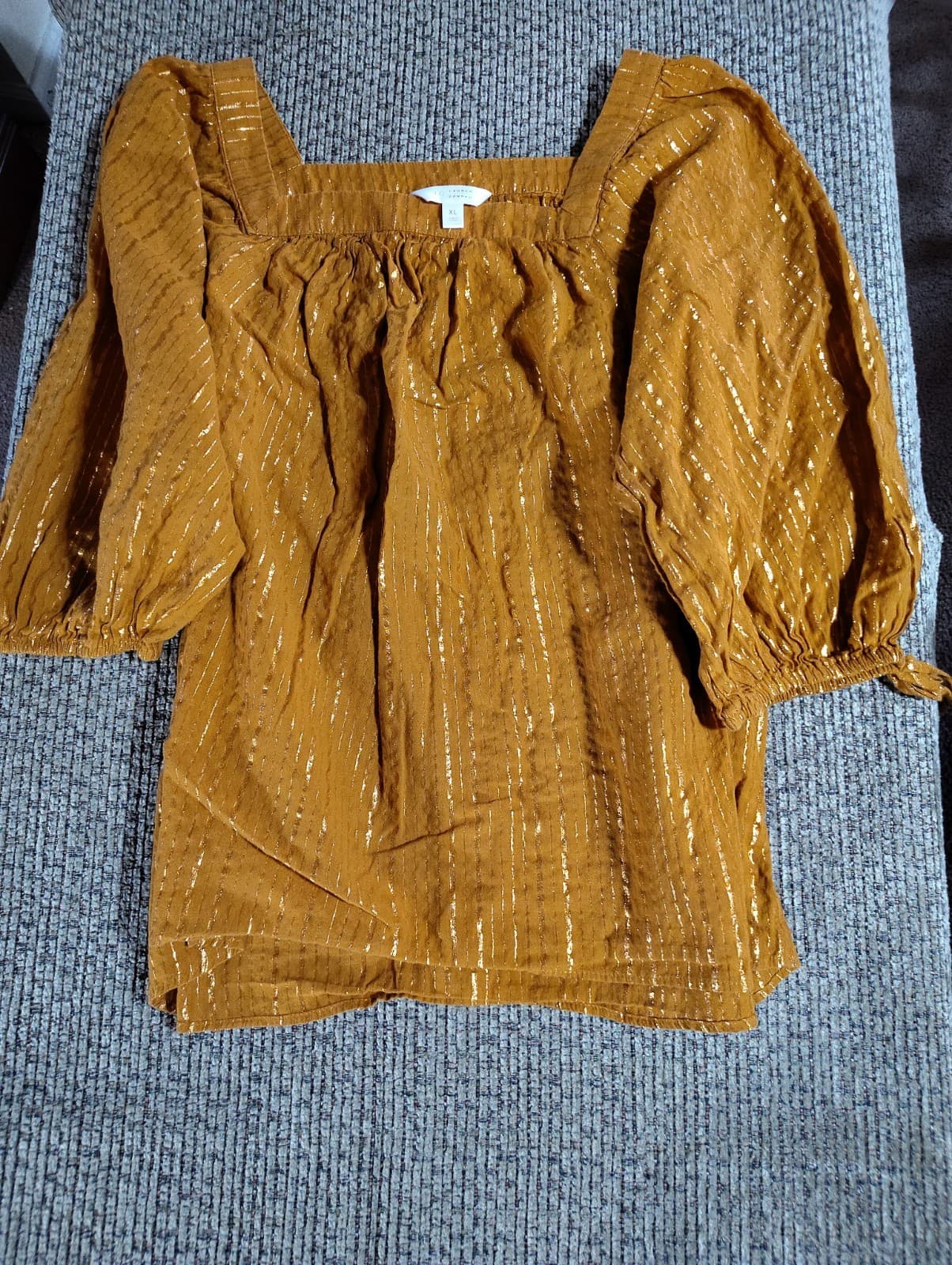 LC LAUREN CONRAD Square Neck Metallic Peasant Top Women's XL Tie 3/4 Sleeve Gold