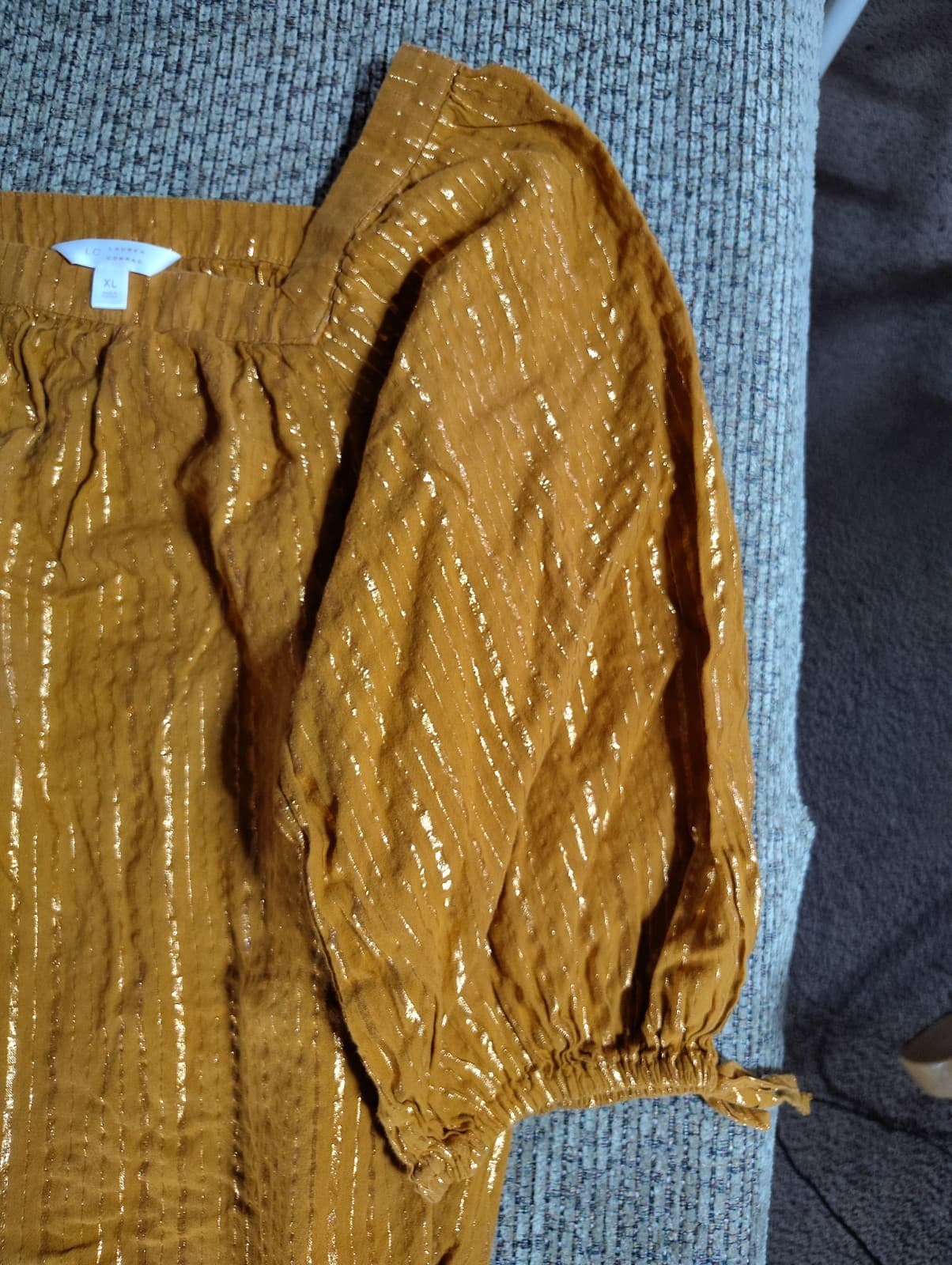 LC LAUREN CONRAD Square Neck Metallic Peasant Top Women's XL Tie 3/4 Sleeve Gold - Thumbnail 3
