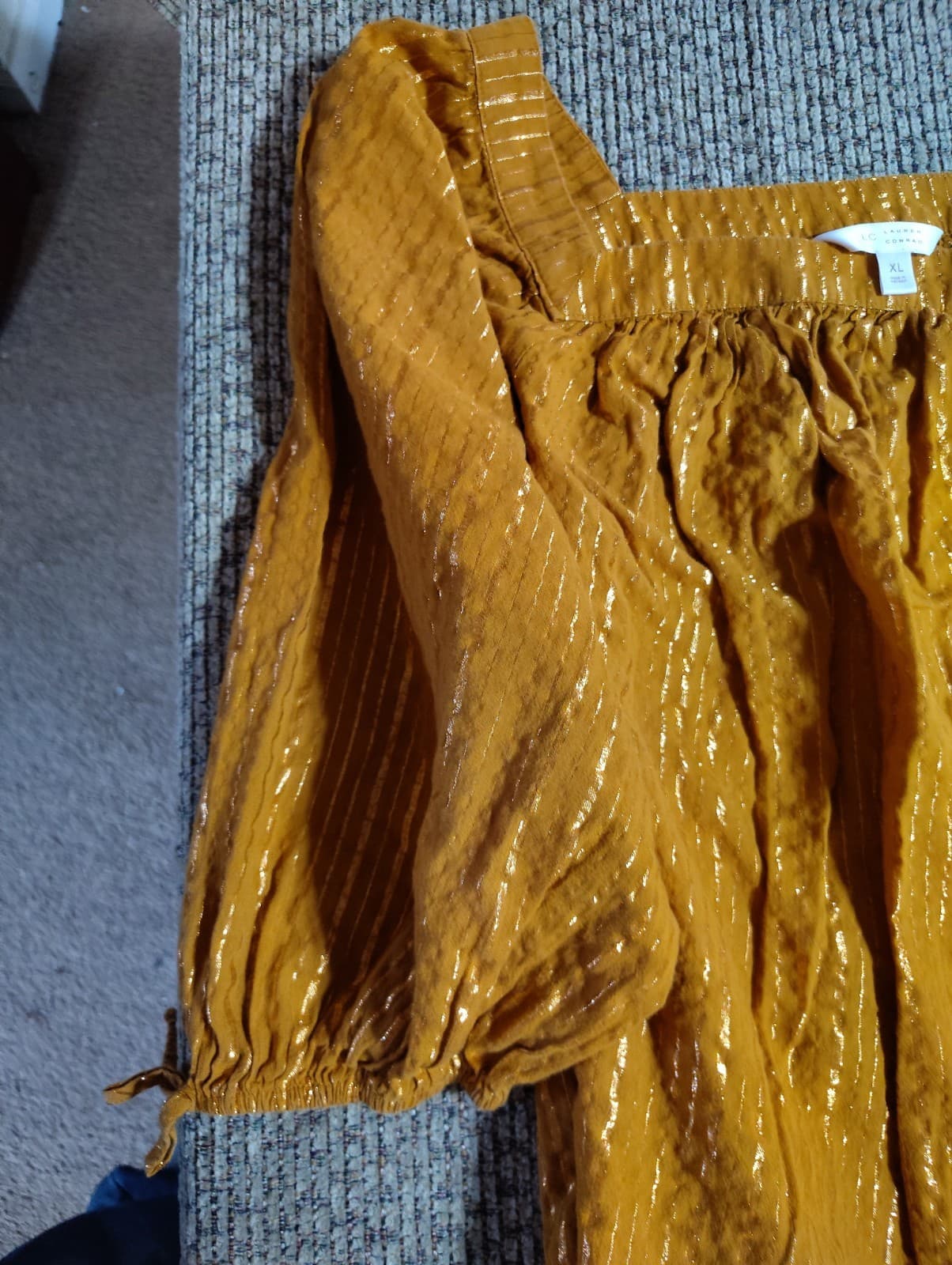 LC LAUREN CONRAD Square Neck Metallic Peasant Top Women's XL Tie 3/4 Sleeve Gold - Thumbnail 2