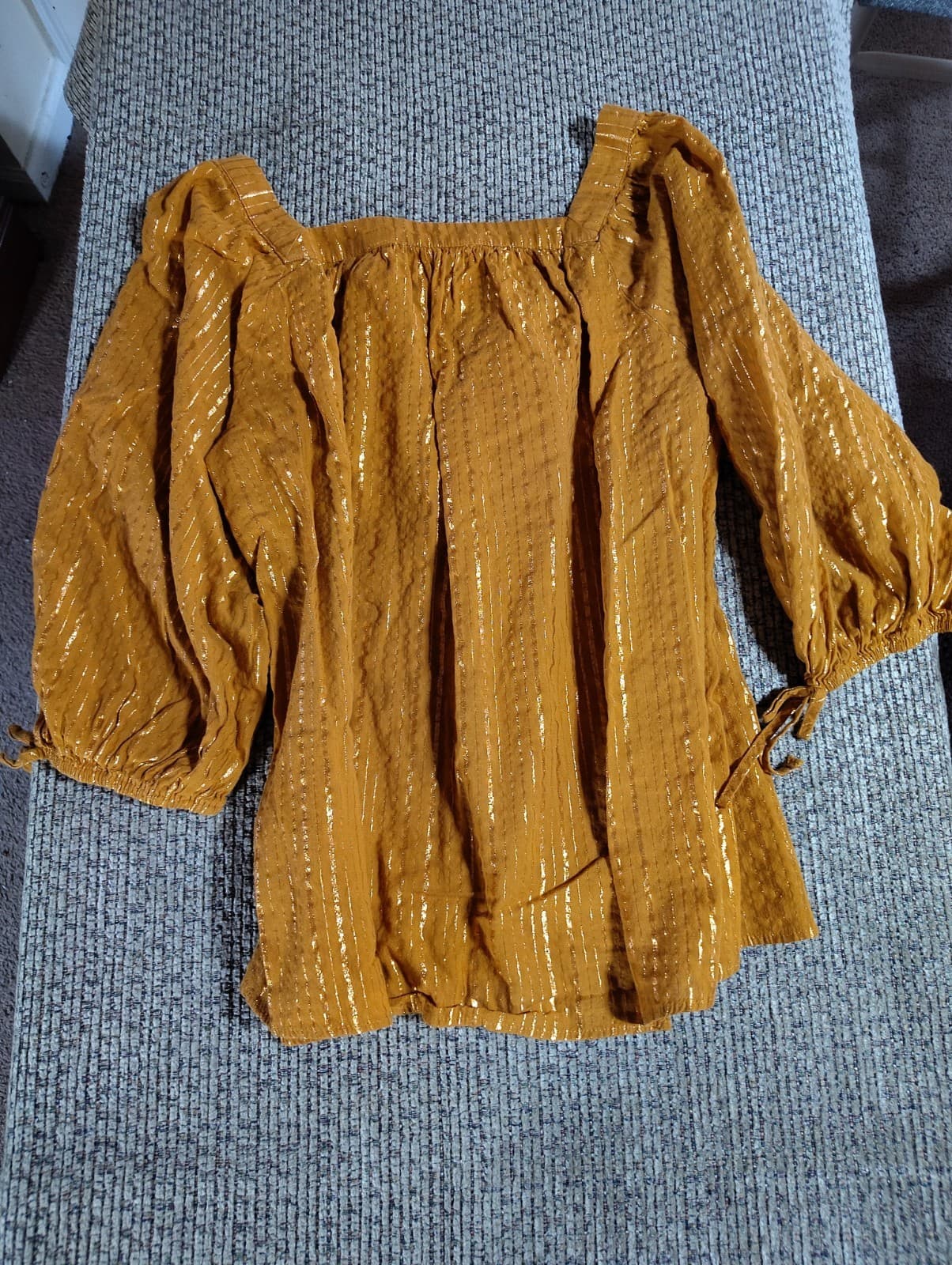 LC LAUREN CONRAD Square Neck Metallic Peasant Top Women's XL Tie 3/4 Sleeve Gold - Thumbnail 5