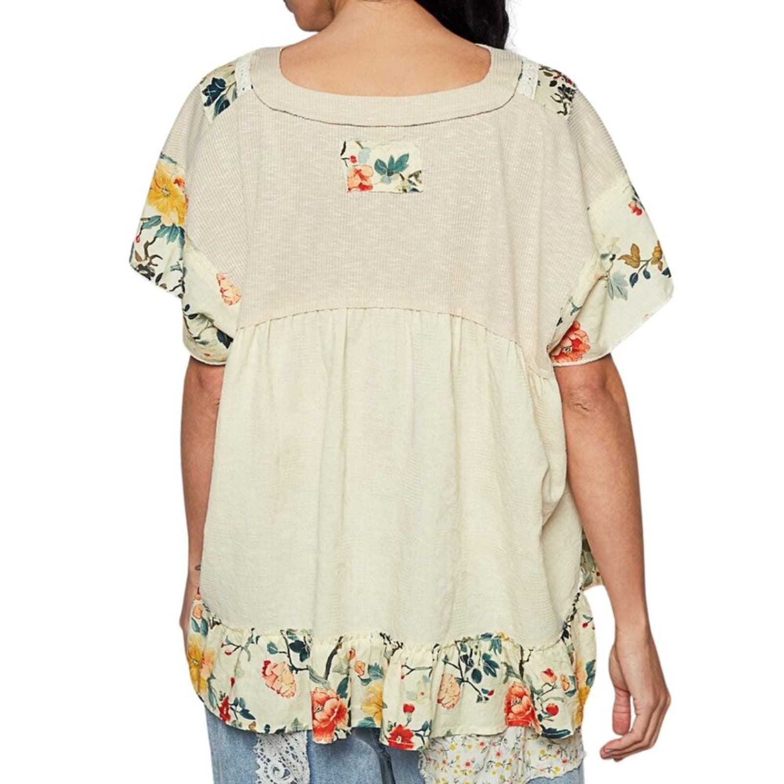 POL Floral Ruffle Placket Top Short Sleeve Cotton Blend Blouse Relaxed Fit NWT - Thumbnail 3