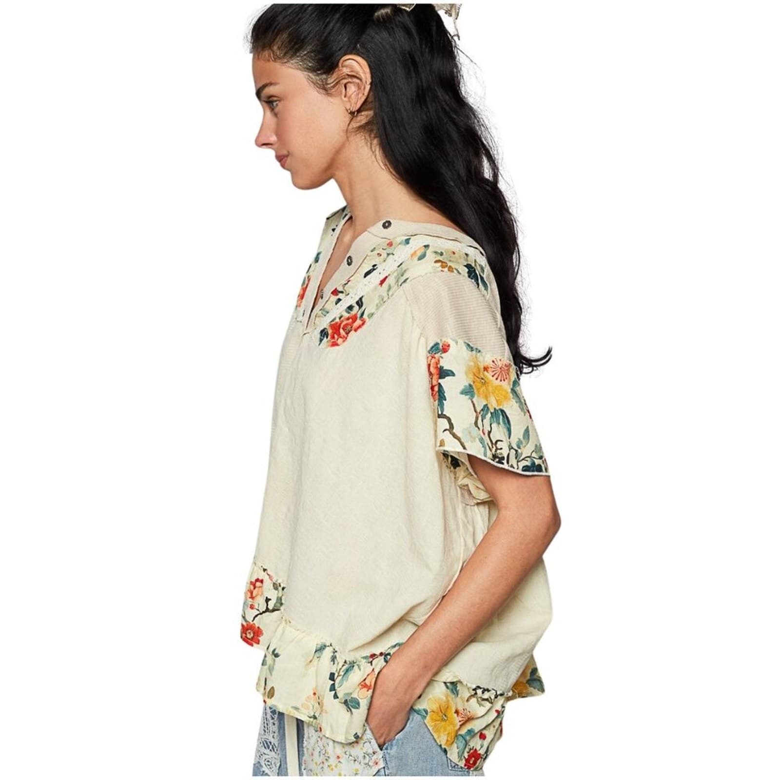 POL Floral Ruffle Placket Top Short Sleeve Cotton Blend Blouse Relaxed Fit NWT - Thumbnail 4