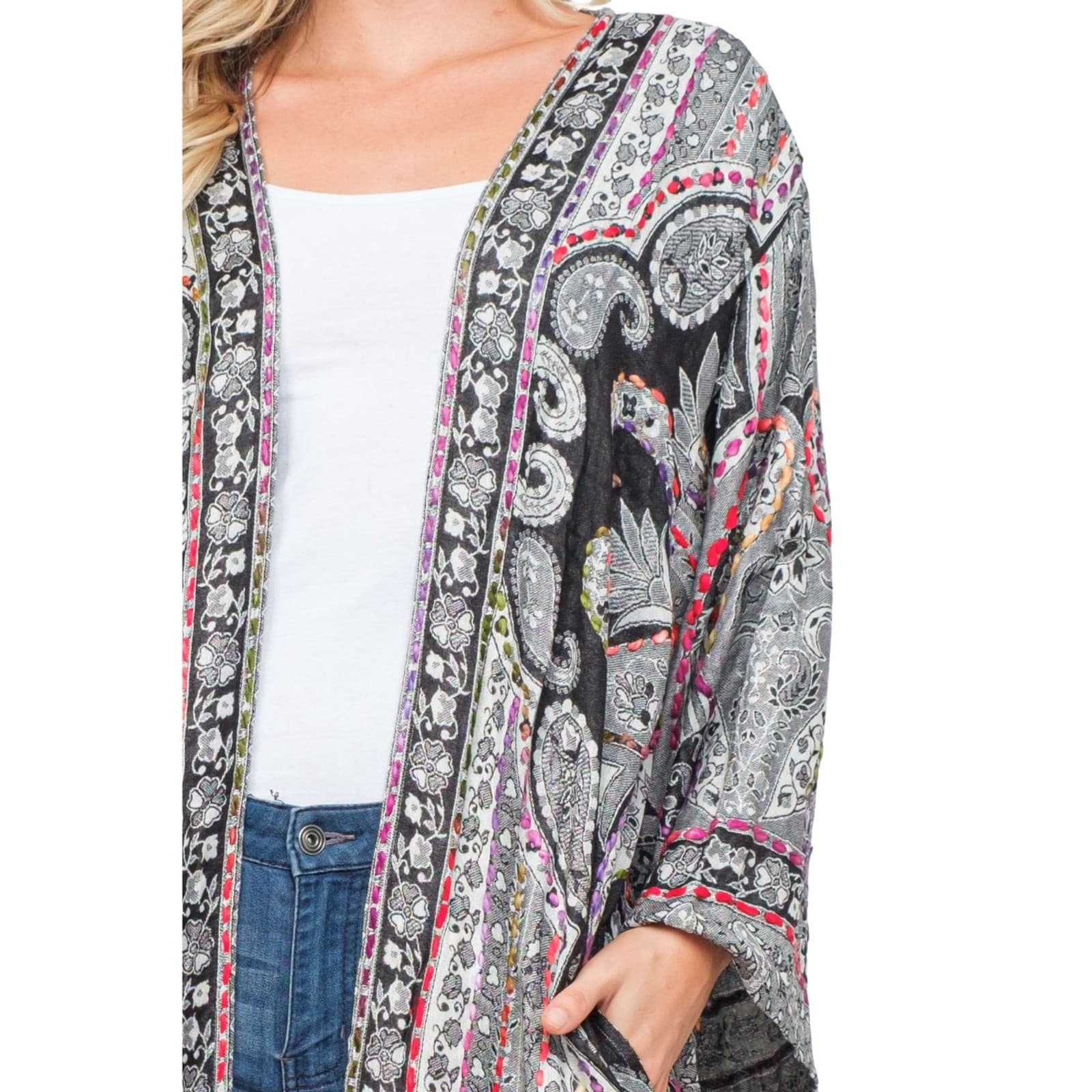 Raj Ruth Thick Stitch Duster With Pocket One Size Fits Most Kimono - Thumbnail 3