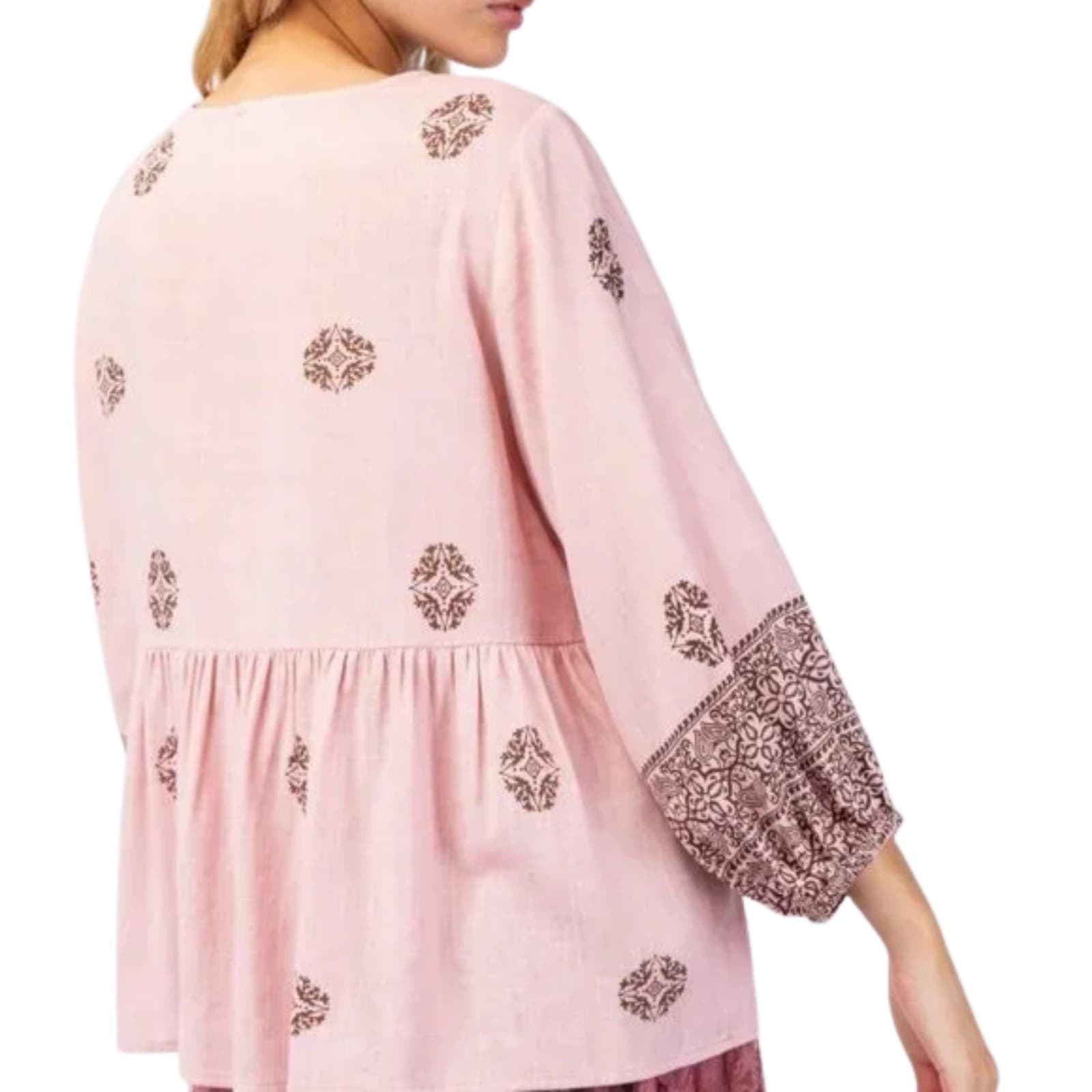 Easel Tunic Boho Printed Poly Linen, Tassel Tie, Ruffled Hem Dusty Rose S M L - Thumbnail 2