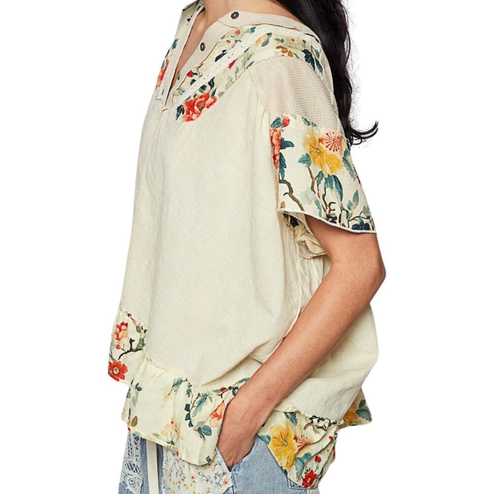 POL Floral Ruffle Placket Top Short Sleeve Cotton Blend Blouse Relaxed Fit NWT - Thumbnail 5