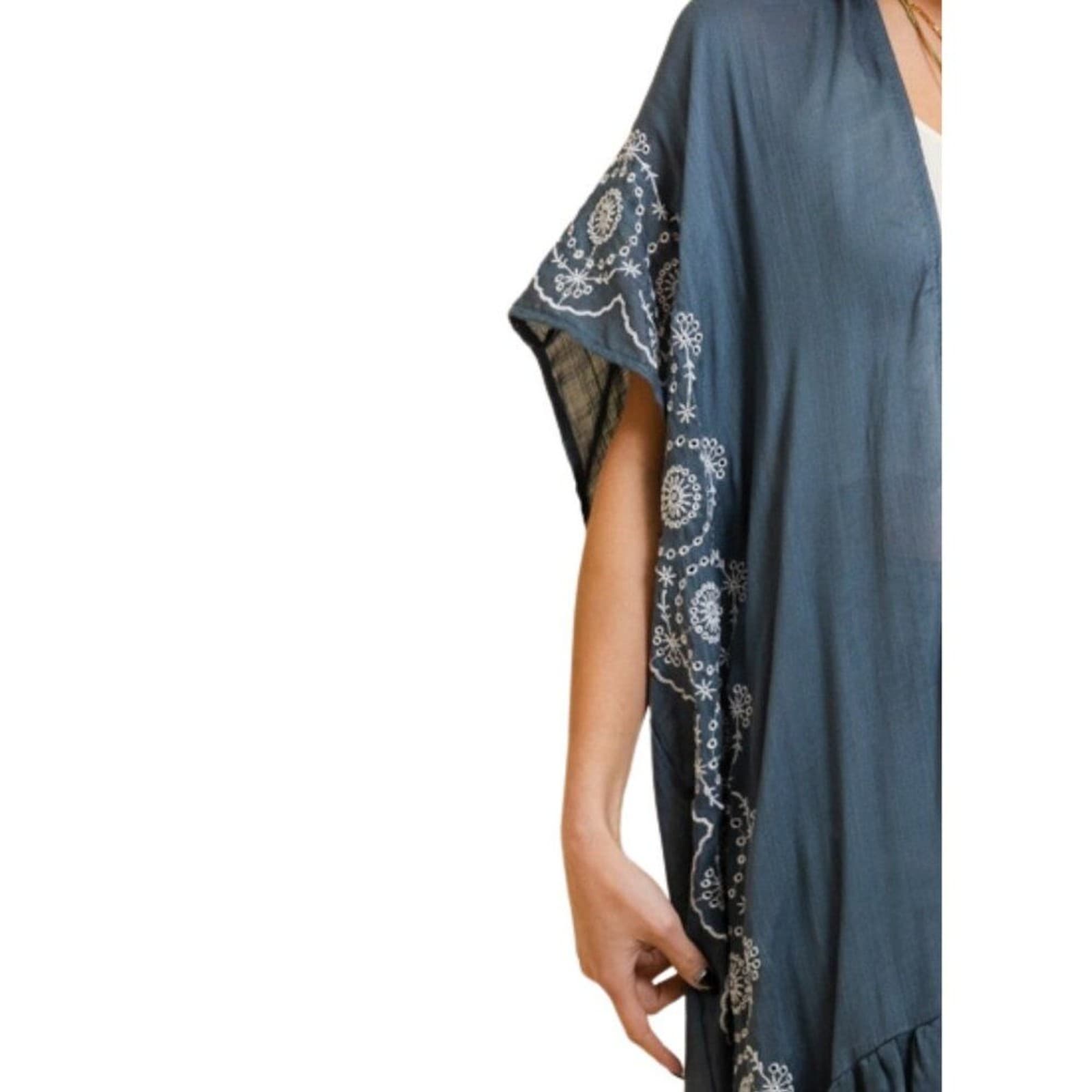 Boho Tribal Embroidered Kimono 1 Sz Lightweight Blue Grey Denim Style - Thumbnail 3
