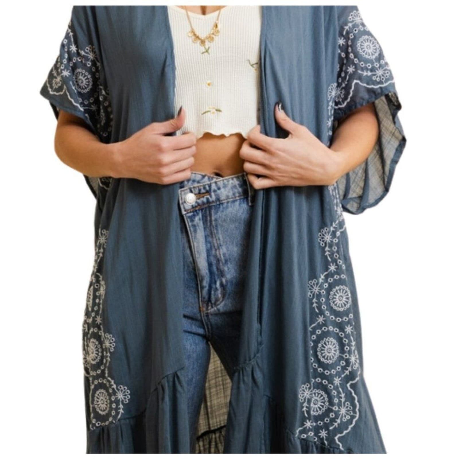 Boho Tribal Embroidered Kimono 1 Sz Lightweight Blue Grey Denim Style - Thumbnail 2
