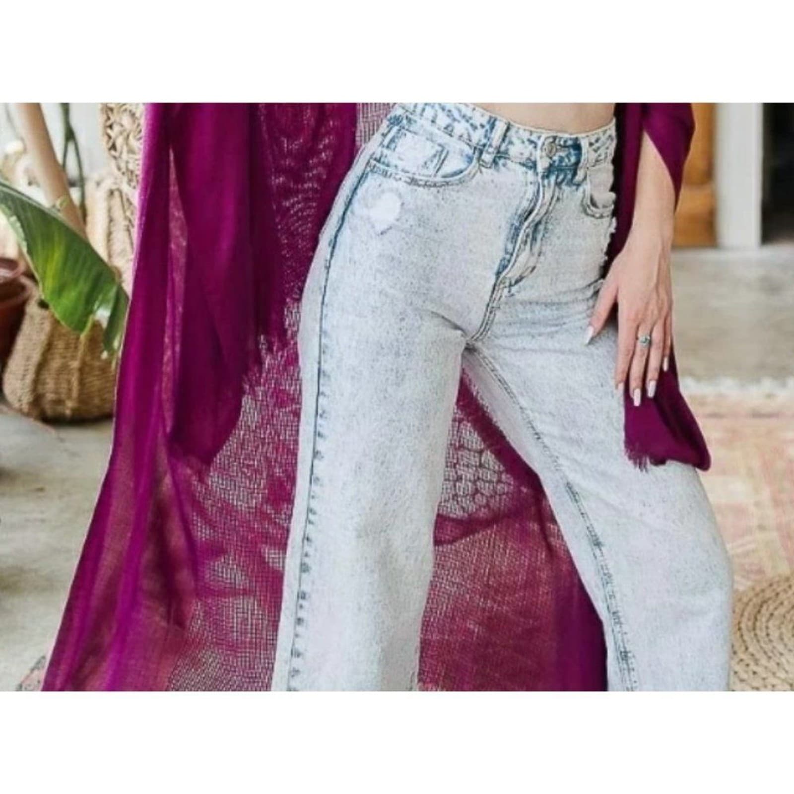 Magenta Frayed Kimono Open Grid Fabric One Size Fits Most Casual - Thumbnail 3