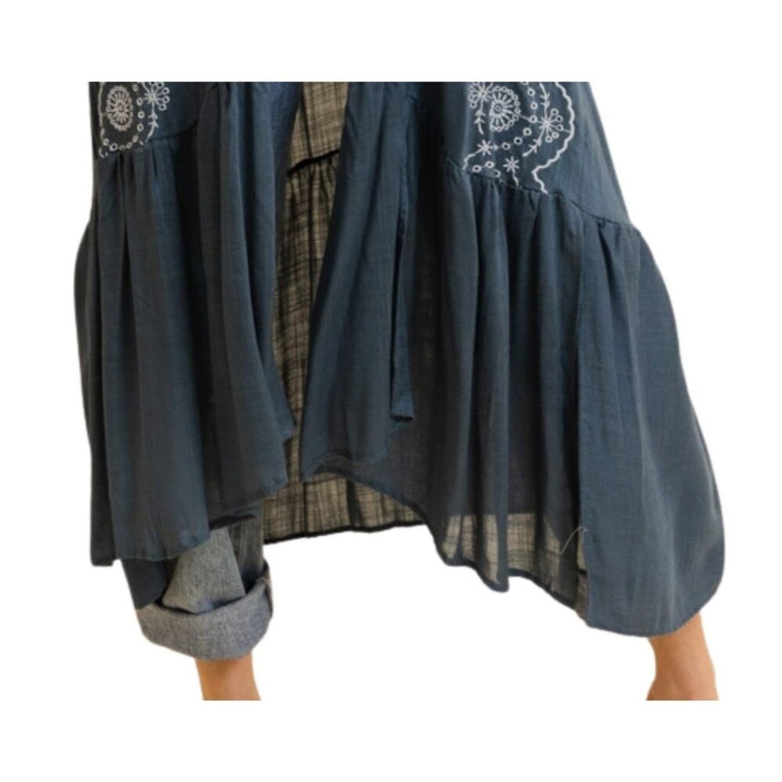 Boho Tribal Embroidered Kimono 1 Sz Lightweight Blue Grey Denim Style - Thumbnail 4