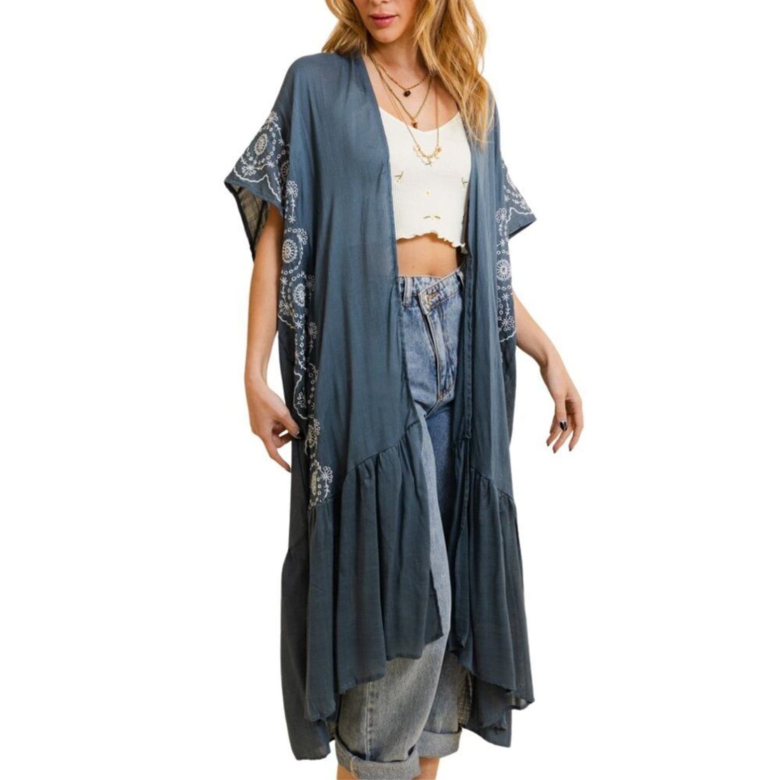 Boho Tribal Embroidered Kimono 1 Sz Lightweight Blue Grey Denim Style - Thumbnail 5