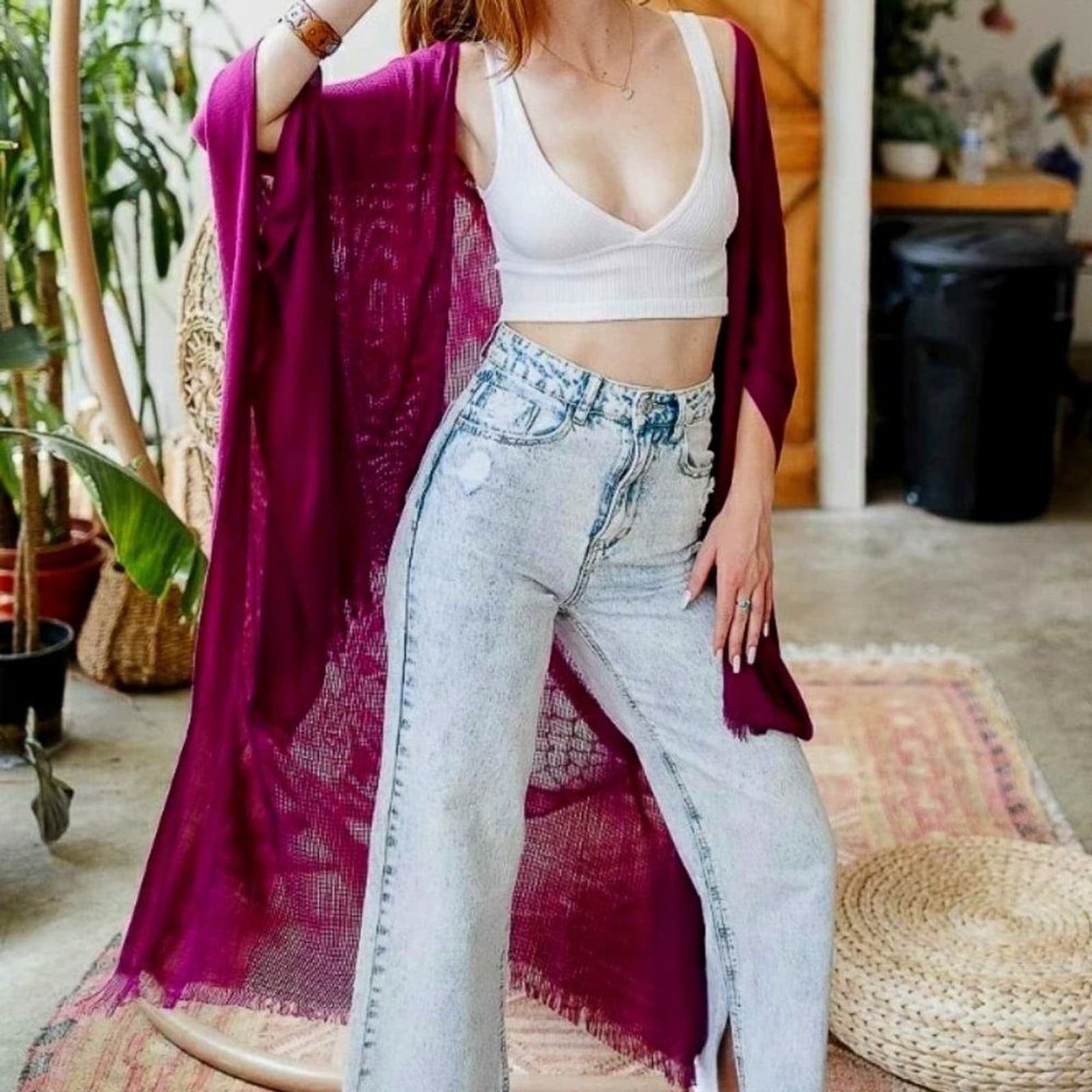 Magenta Frayed Kimono Open Grid Fabric One Size Fits Most Casual - Thumbnail 2