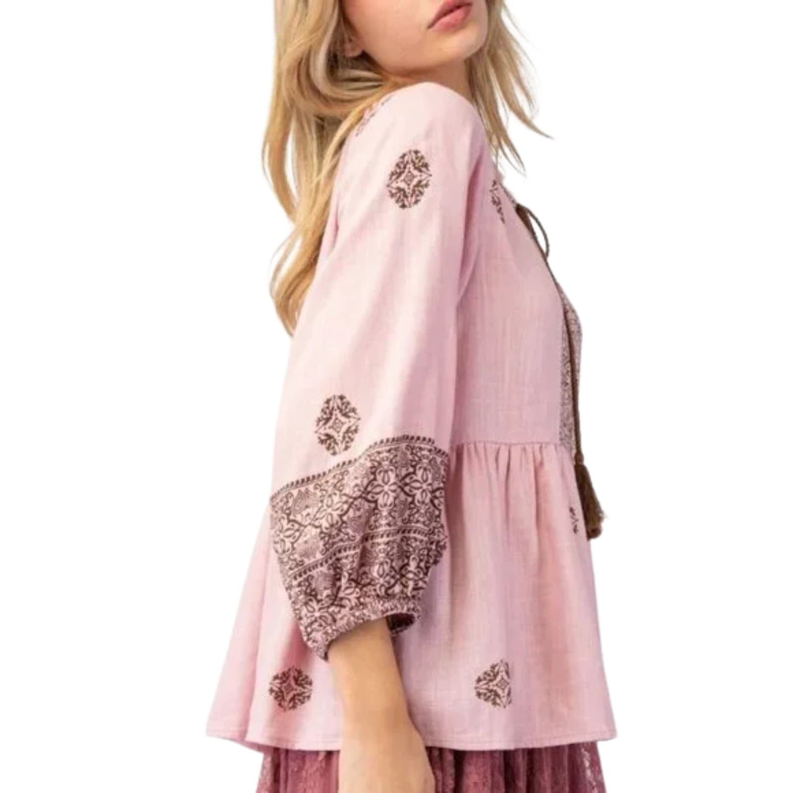 Easel Tunic Boho Printed Poly Linen, Tassel Tie, Ruffled Hem Dusty Rose S M L - Thumbnail 3