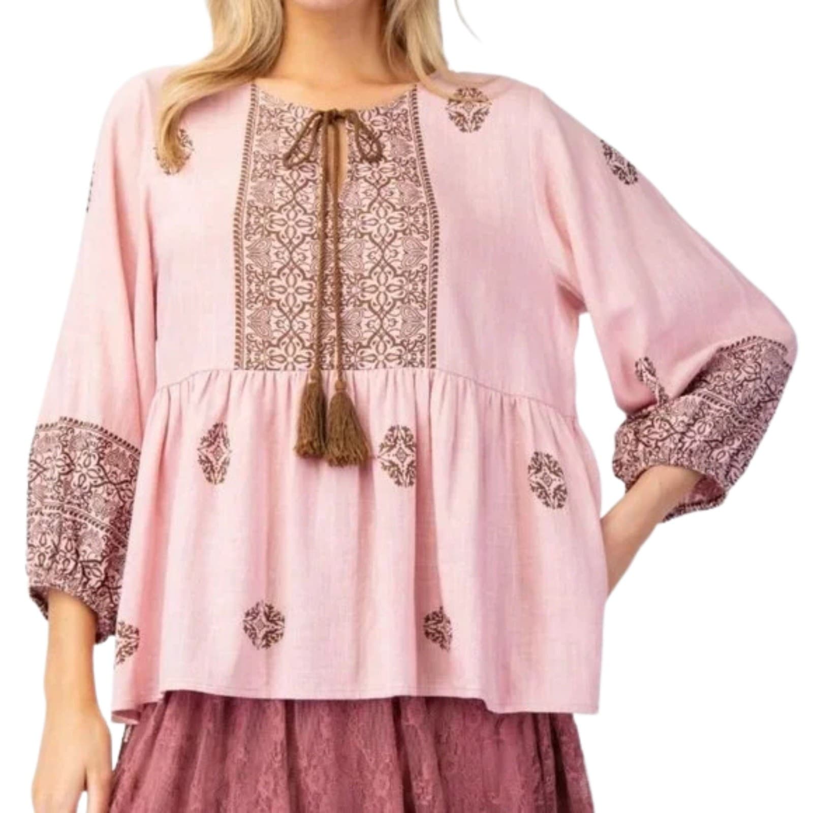 Easel Tunic Boho Printed Poly Linen, Tassel Tie, Ruffled Hem Dusty Rose S M L - Thumbnail 4