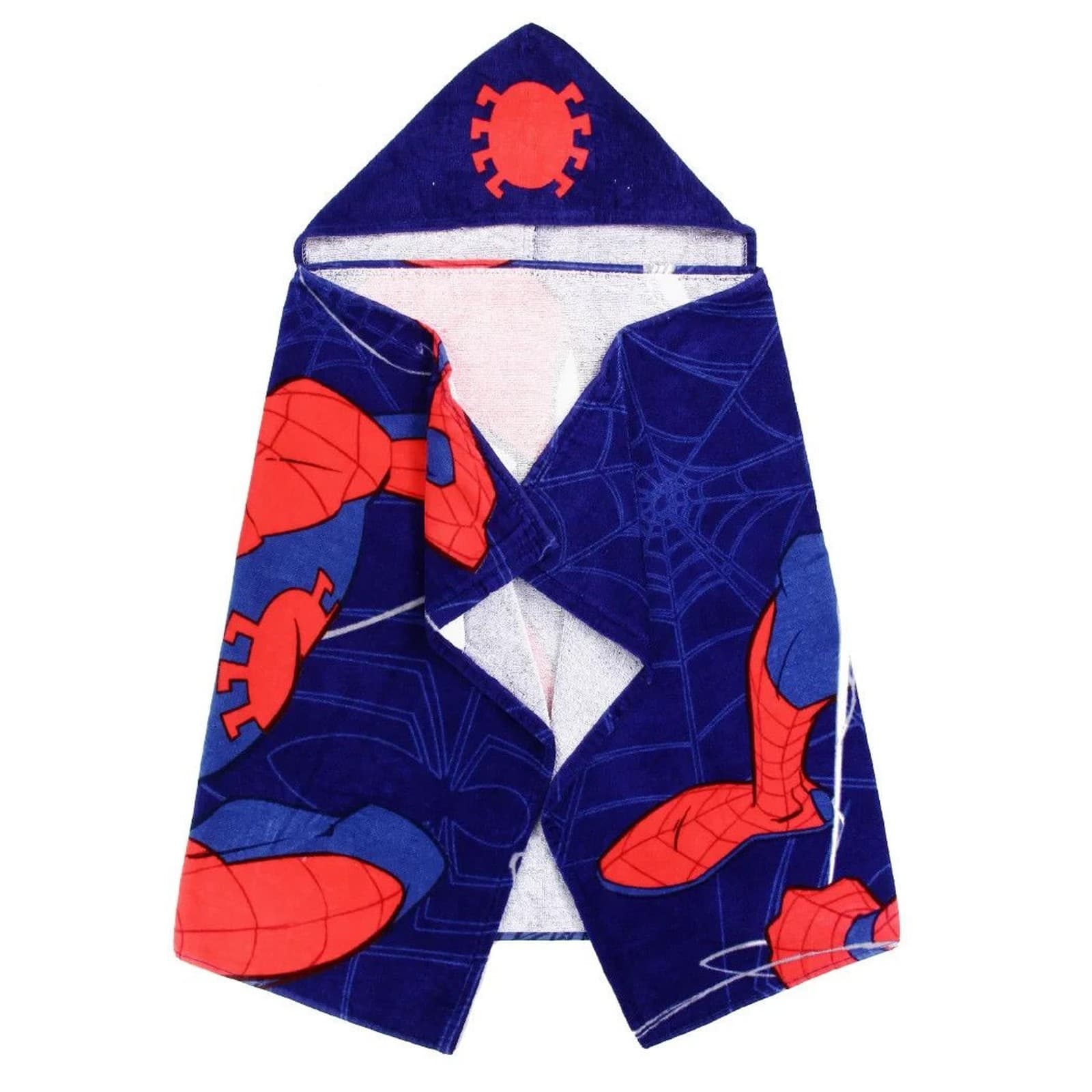 Marvel Spider-Man Kids Bath Hooded Towel Wrap 51x22 Cotton Bright Red Navy Blue - Thumbnail 3