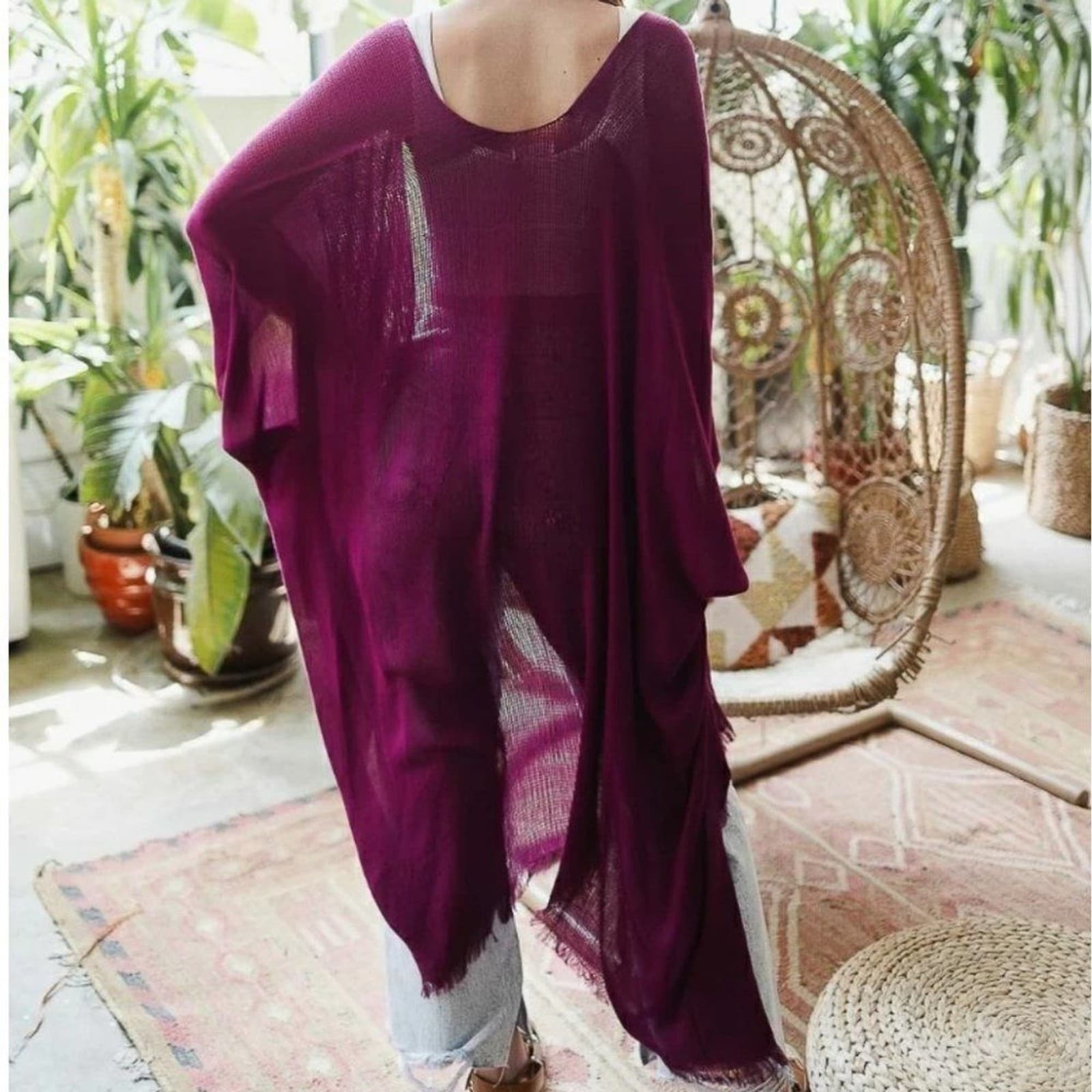 Magenta Frayed Kimono Open Grid Fabric One Size Fits Most Casual - Thumbnail 4