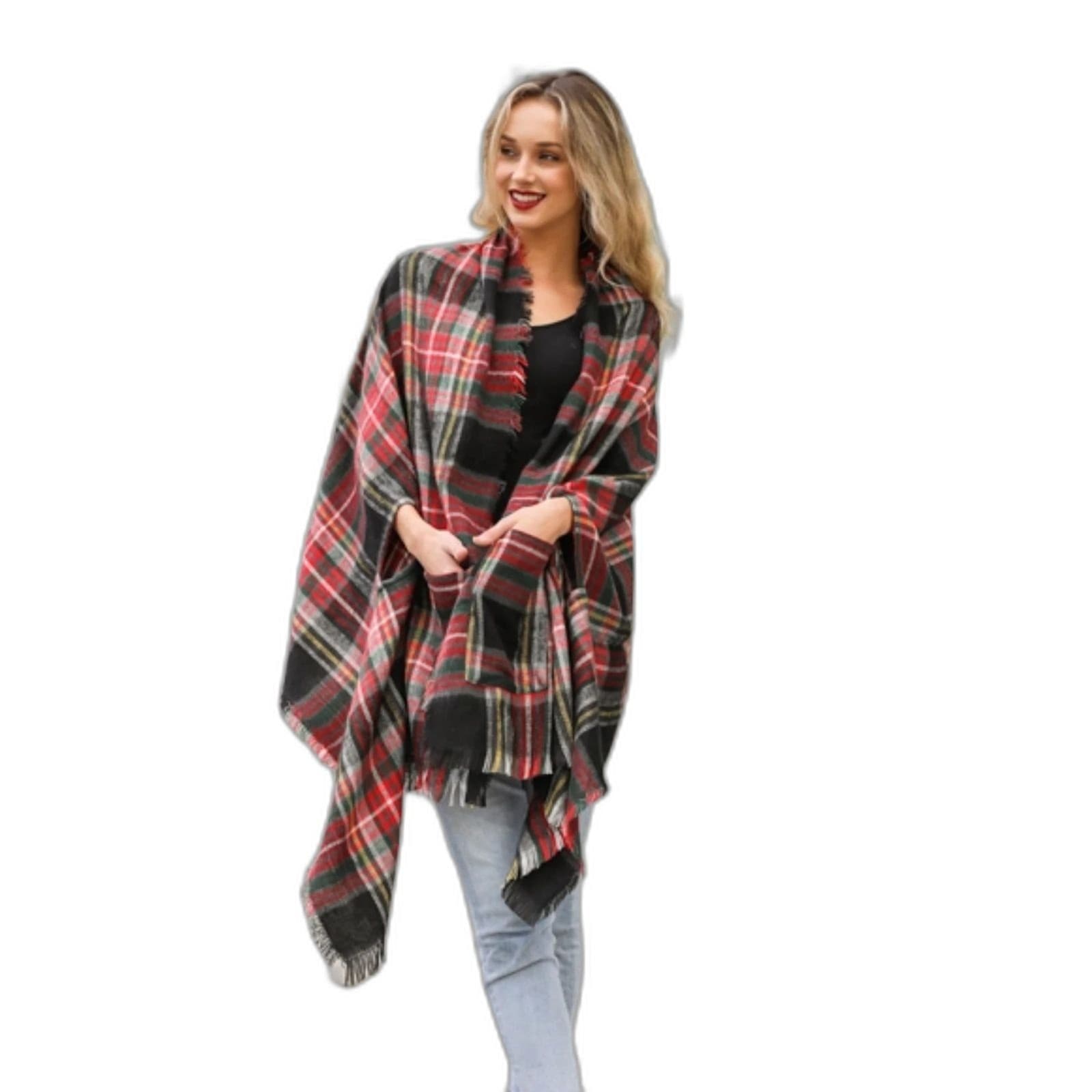 Plaid Pocket Ruana Cozy Wrap for Fall Winter One Size Fits Most Sleeves Pockets