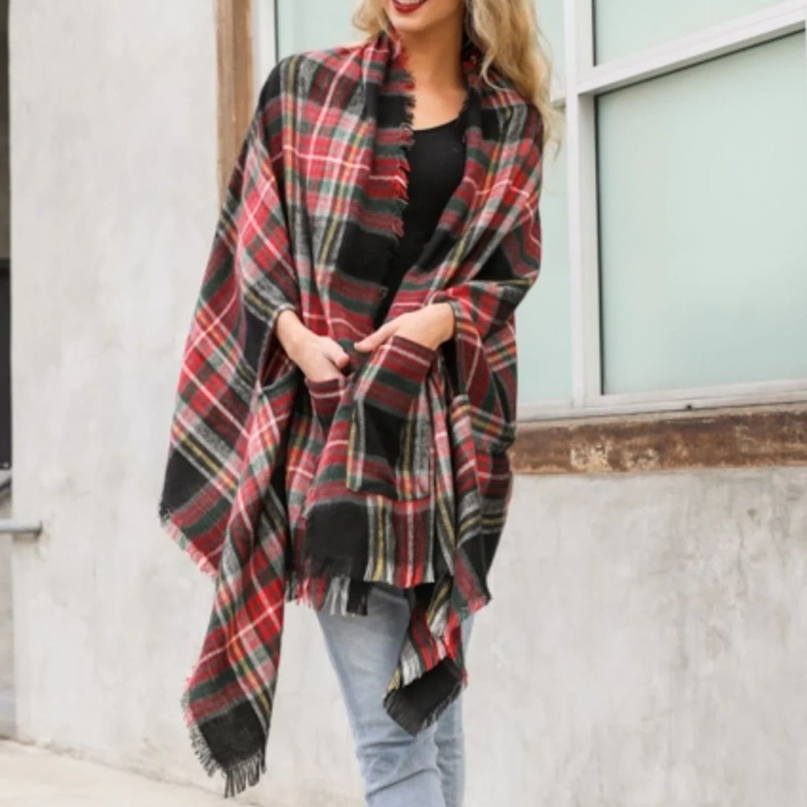 Plaid Pocket Ruana Cozy Wrap for Fall Winter One Size Fits Most Sleeves Pockets - Thumbnail 3