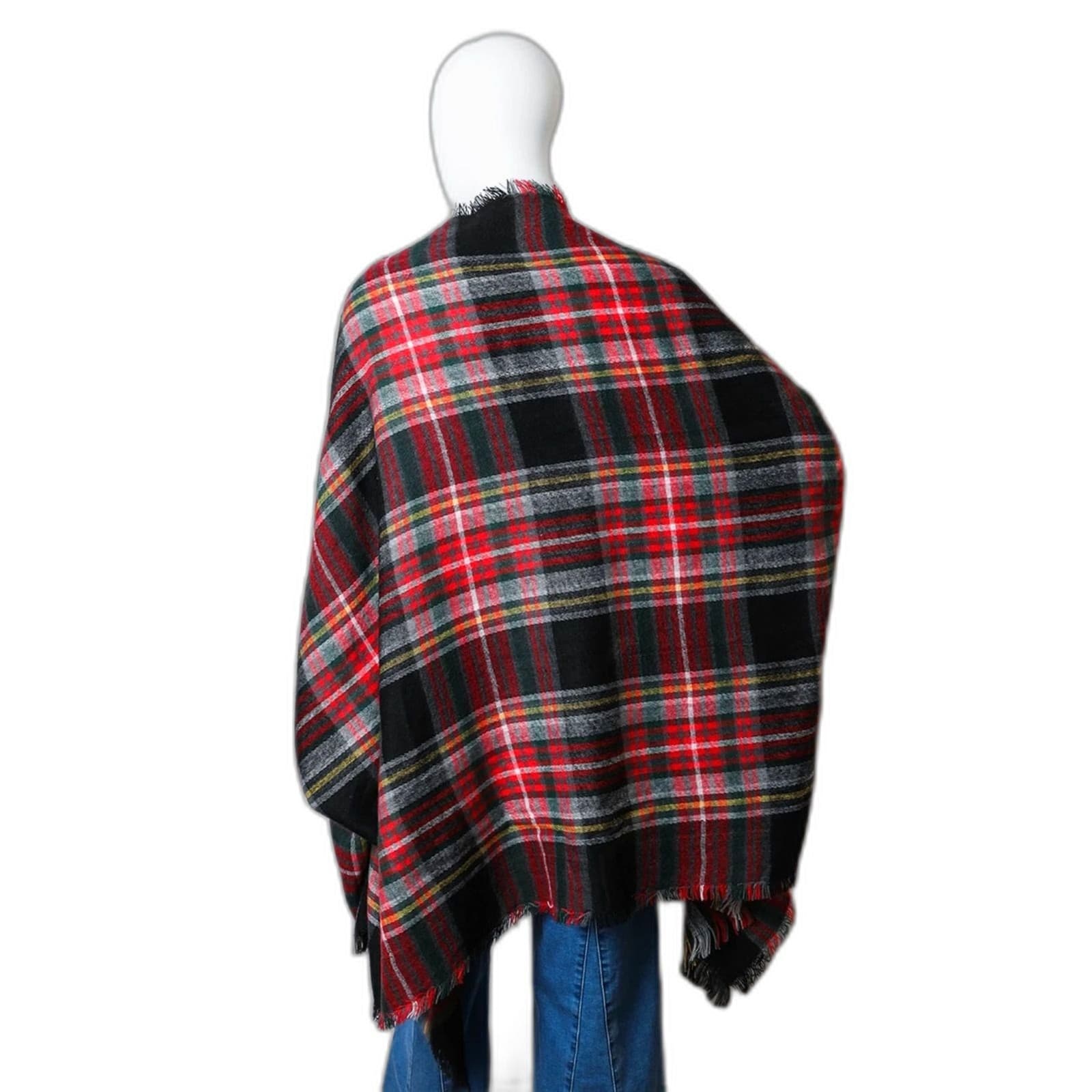 Plaid Pocket Ruana Cozy Wrap for Fall Winter One Size Fits Most Sleeves Pockets - Thumbnail 4
