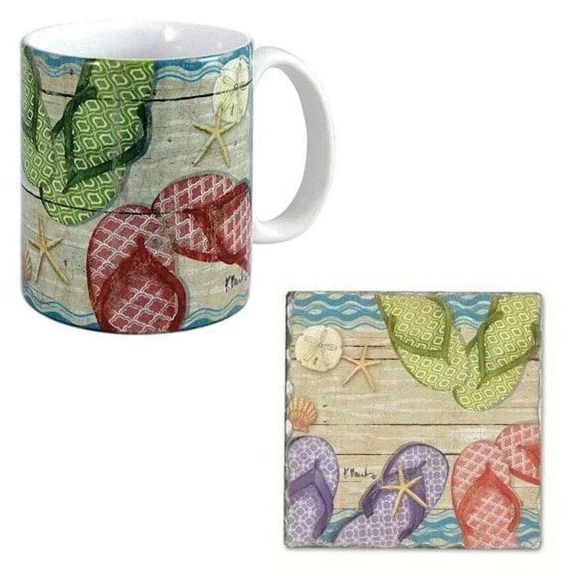 Beach Theme Ceramic Mug & Coaster From Counterart Seashells and Flip Flops With