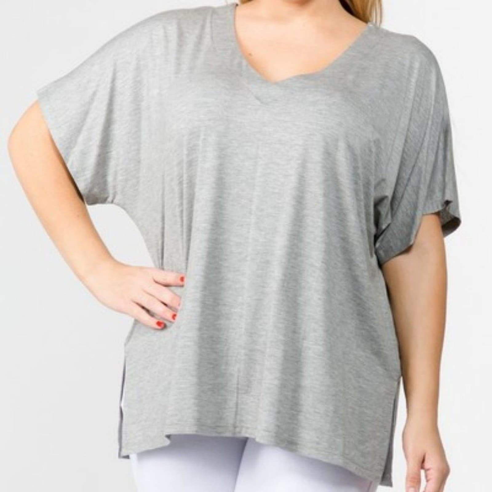 Plus Size T-Shirt V Neck Oversized Fit Side Slits Sizes XL-3X. Heather Grey