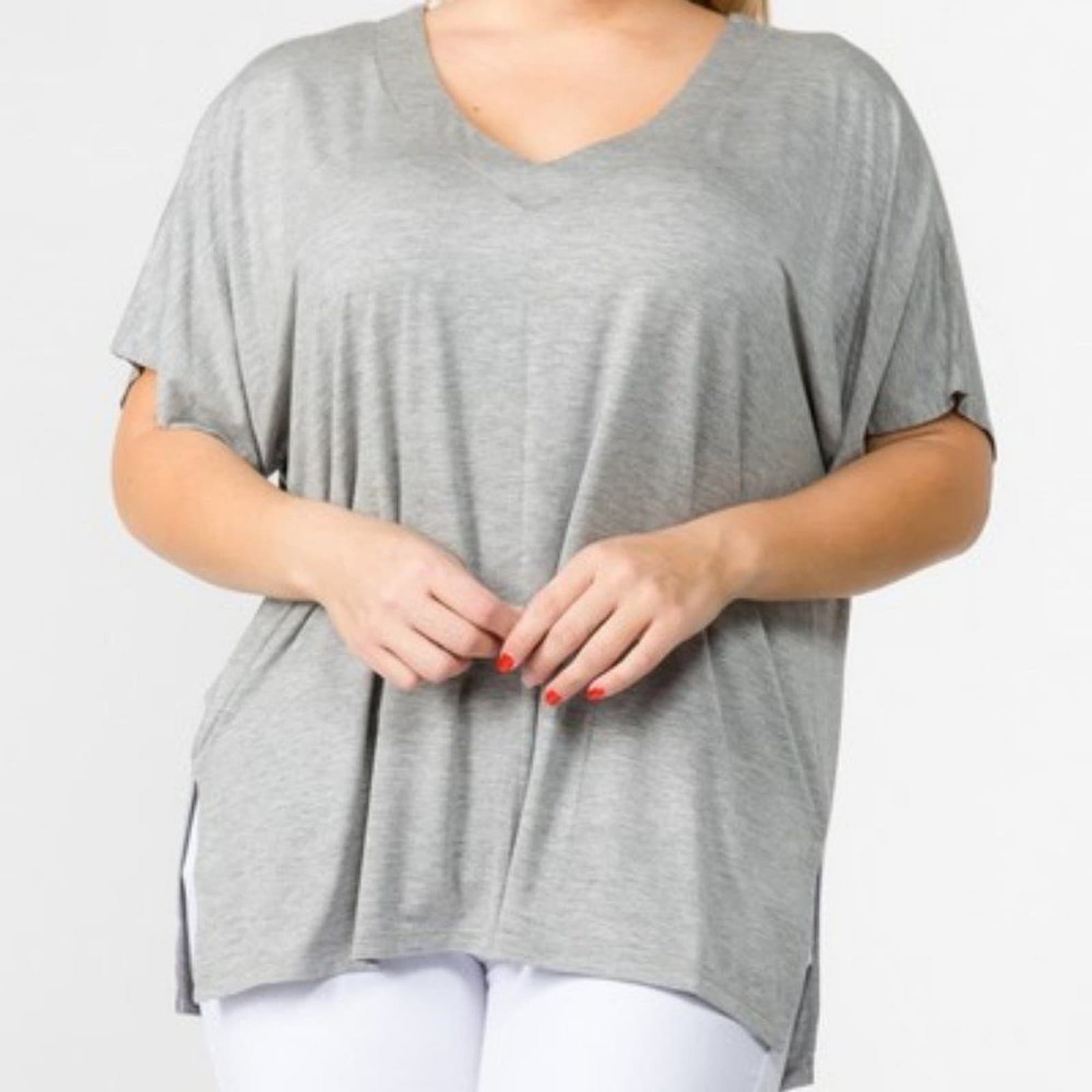 Plus Size T-Shirt V Neck Oversized Fit Side Slits Sizes XL-3X. Heather Grey - Thumbnail 3
