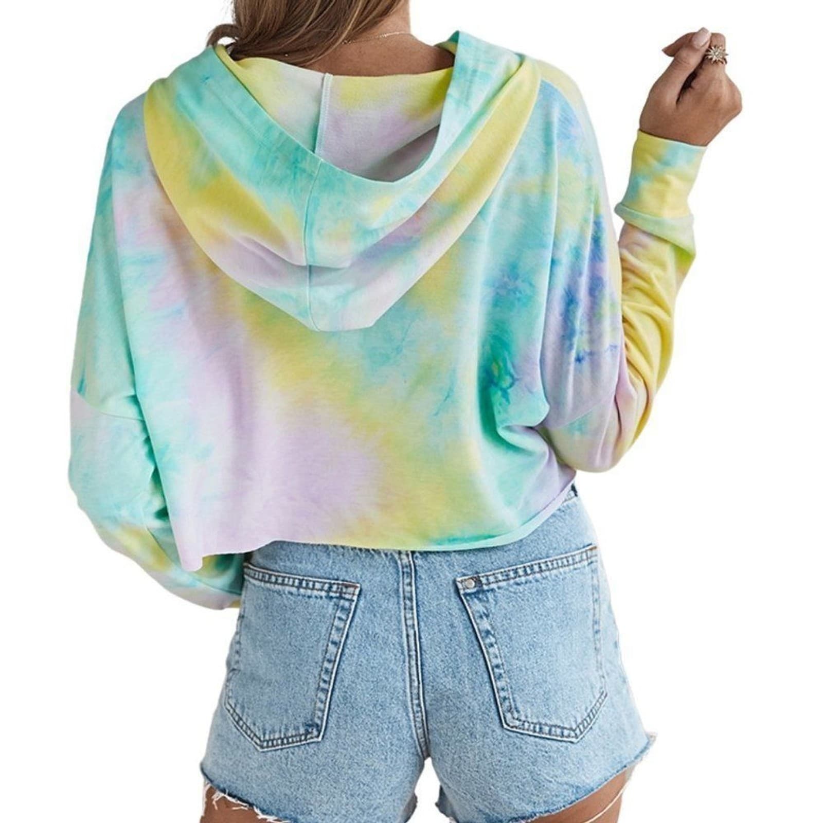 Pastel Tie Dye Cropped Pullover Hoodie Hand Dyed Yellow Pink Aqua L, XL - Thumbnail 2