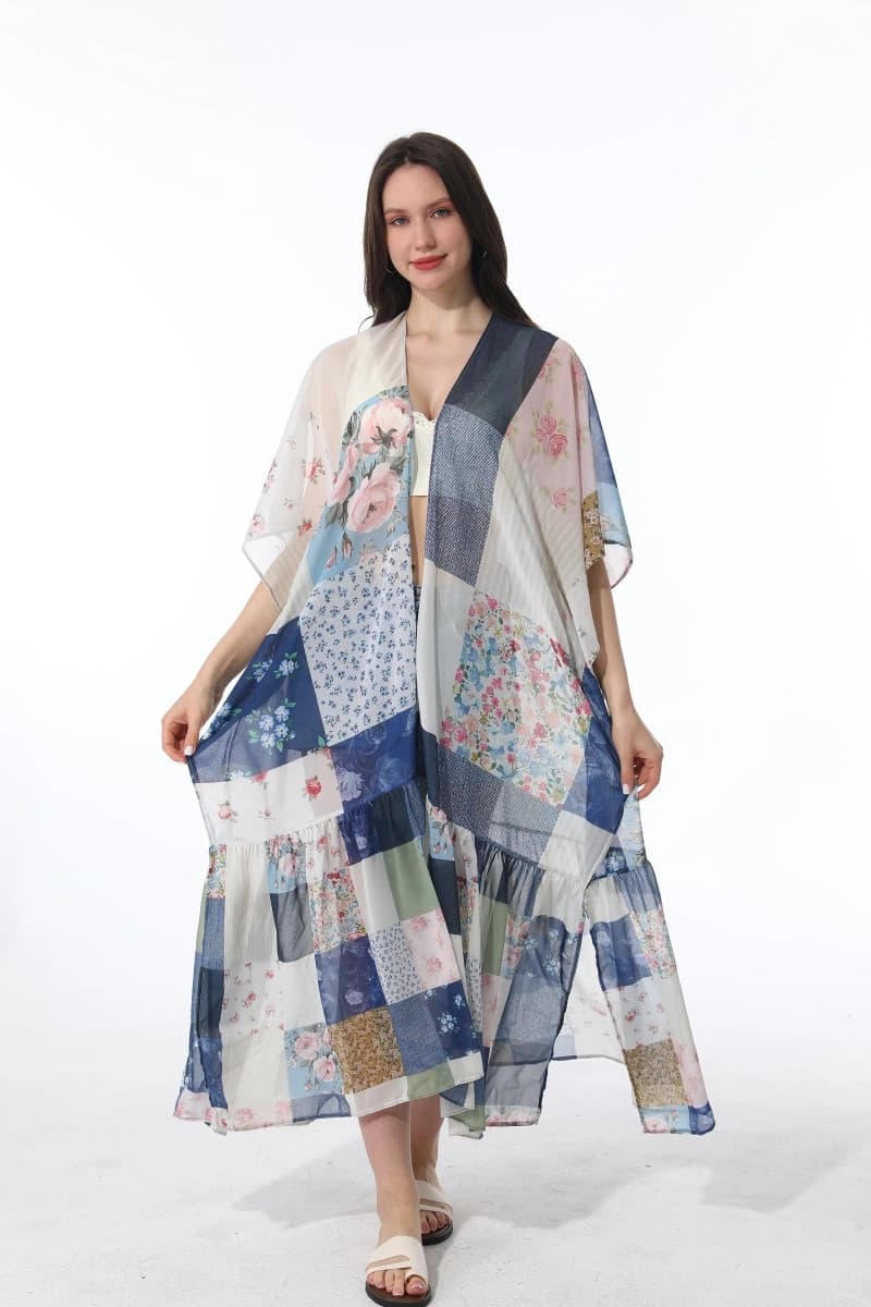 Women's Vintage Patchwork Floral Long Kimono Boho Open Front Cover Up Maxi 1 Sz - Thumbnail 5