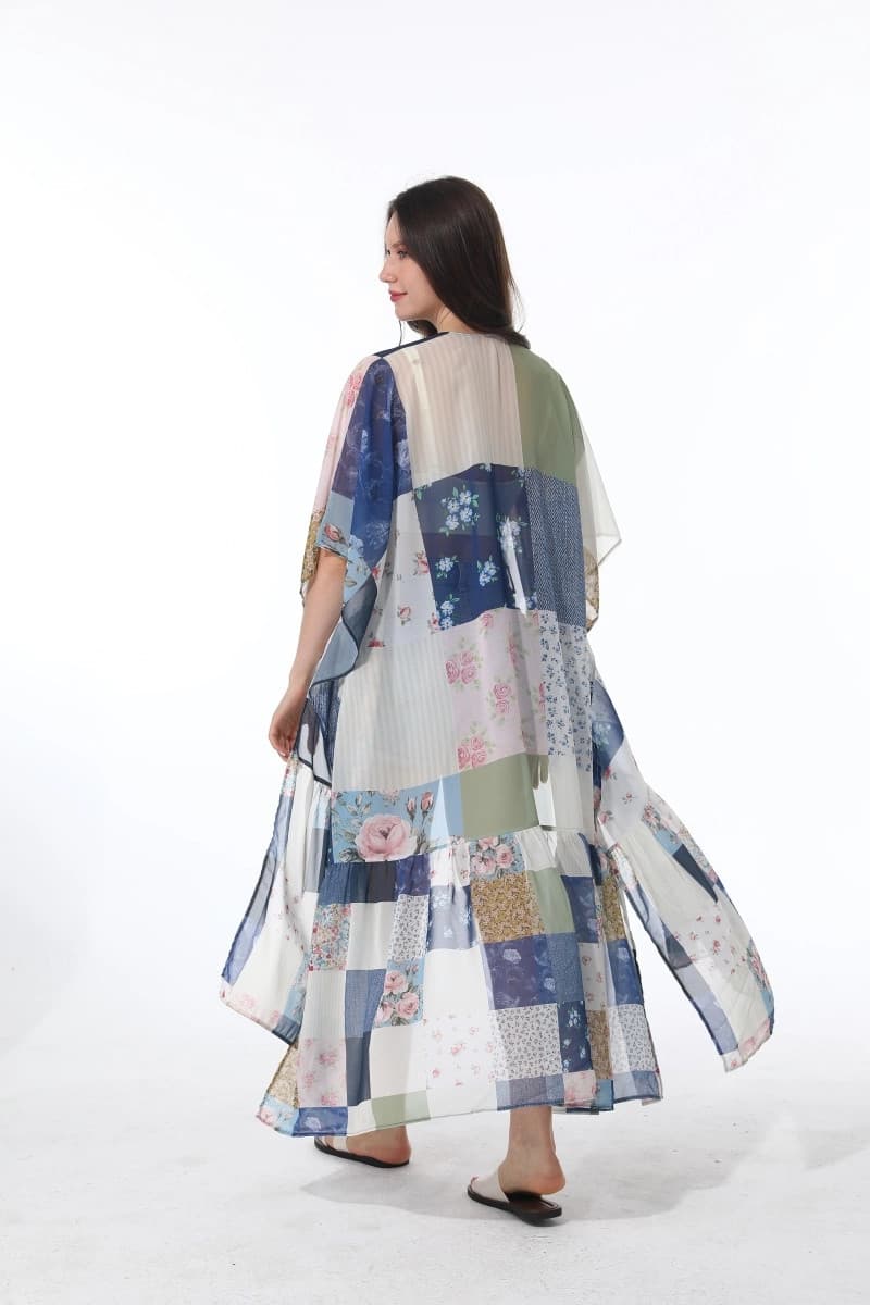 Women's Vintage Patchwork Floral Long Kimono Boho Open Front Cover Up Maxi 1 Sz - Thumbnail 8