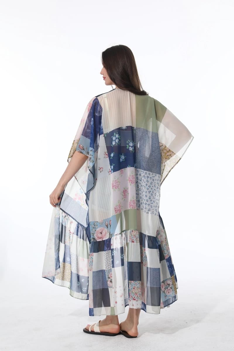 Women's Vintage Patchwork Floral Long Kimono Boho Open Front Cover Up Maxi 1 Sz - Thumbnail 4