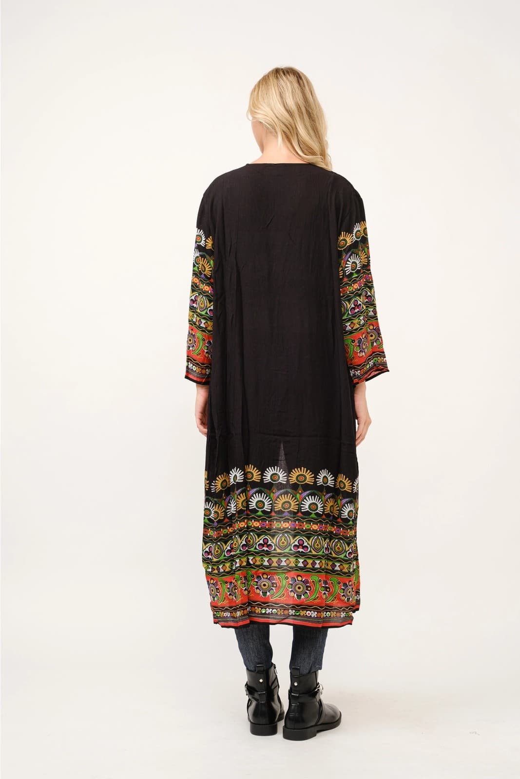 Floral Contrast Print Kimono Duster 1 Size Cotton Rayon Boho Open Front Cotton - Thumbnail 2