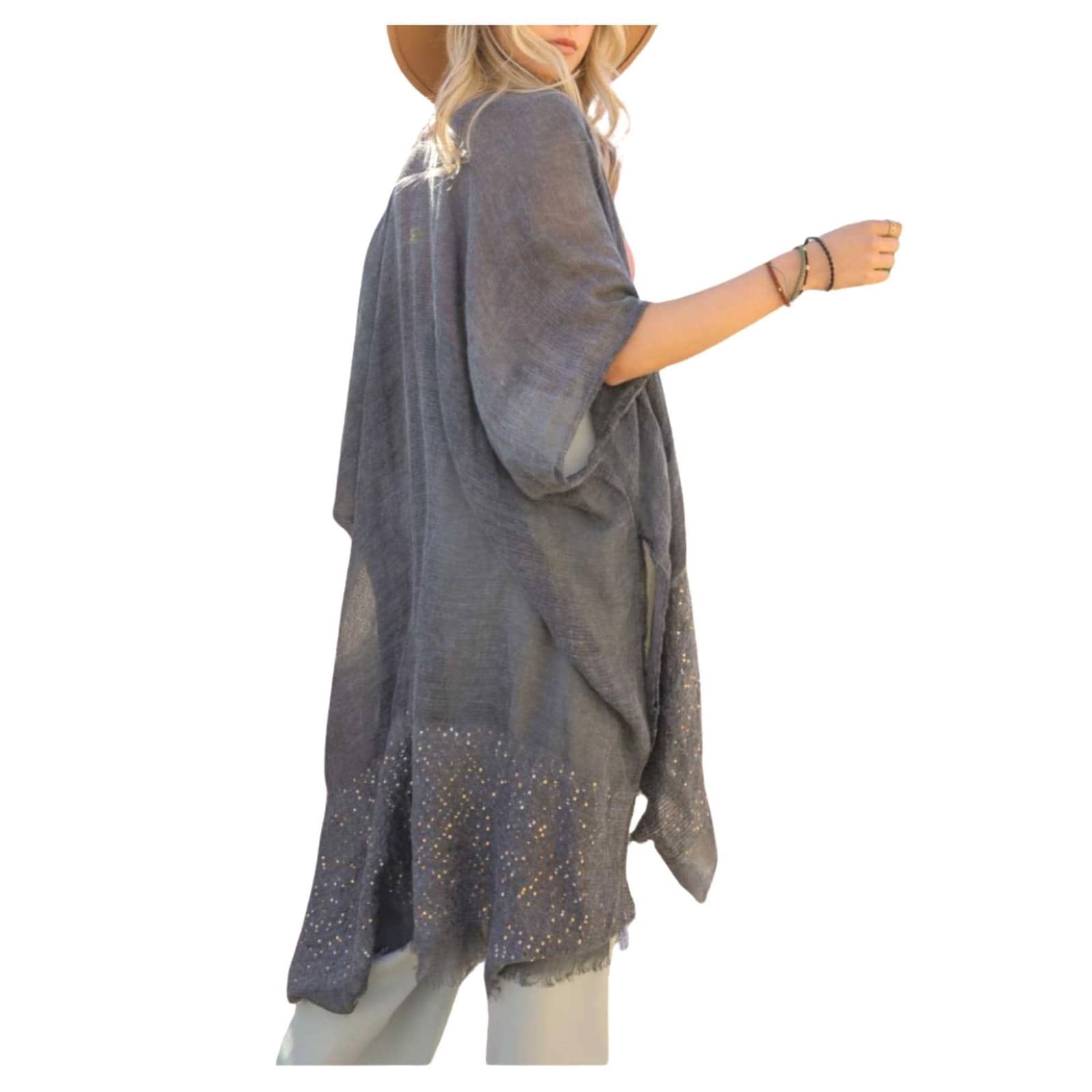 Silver Sequin Kimono Gauzy Open Weave, Hand-Dyed, One Size Fits Most Lightweight - Thumbnail 2