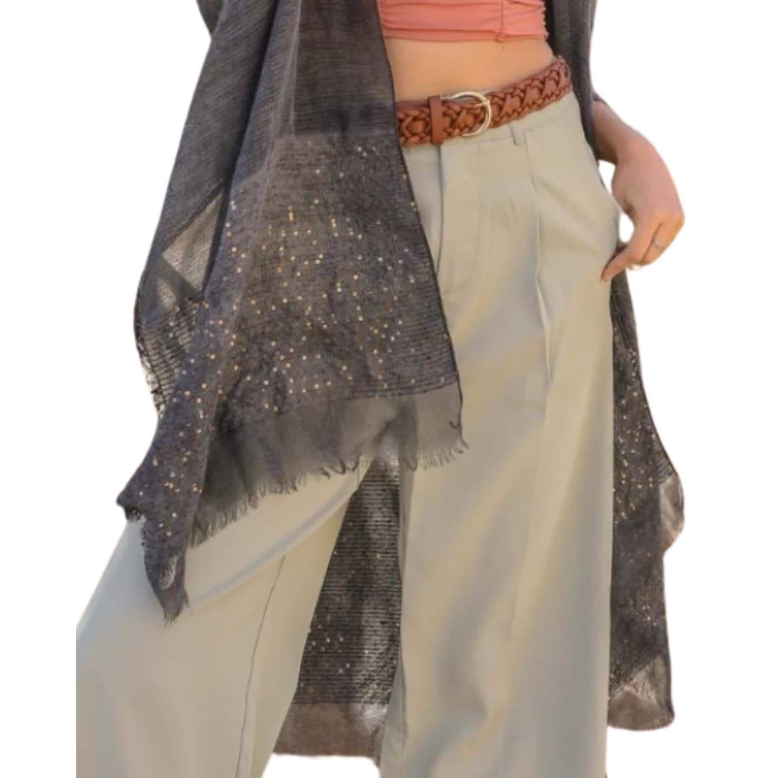 Silver Sequin Kimono Gauzy Open Weave, Hand-Dyed, One Size Fits Most Lightweight - Thumbnail 4