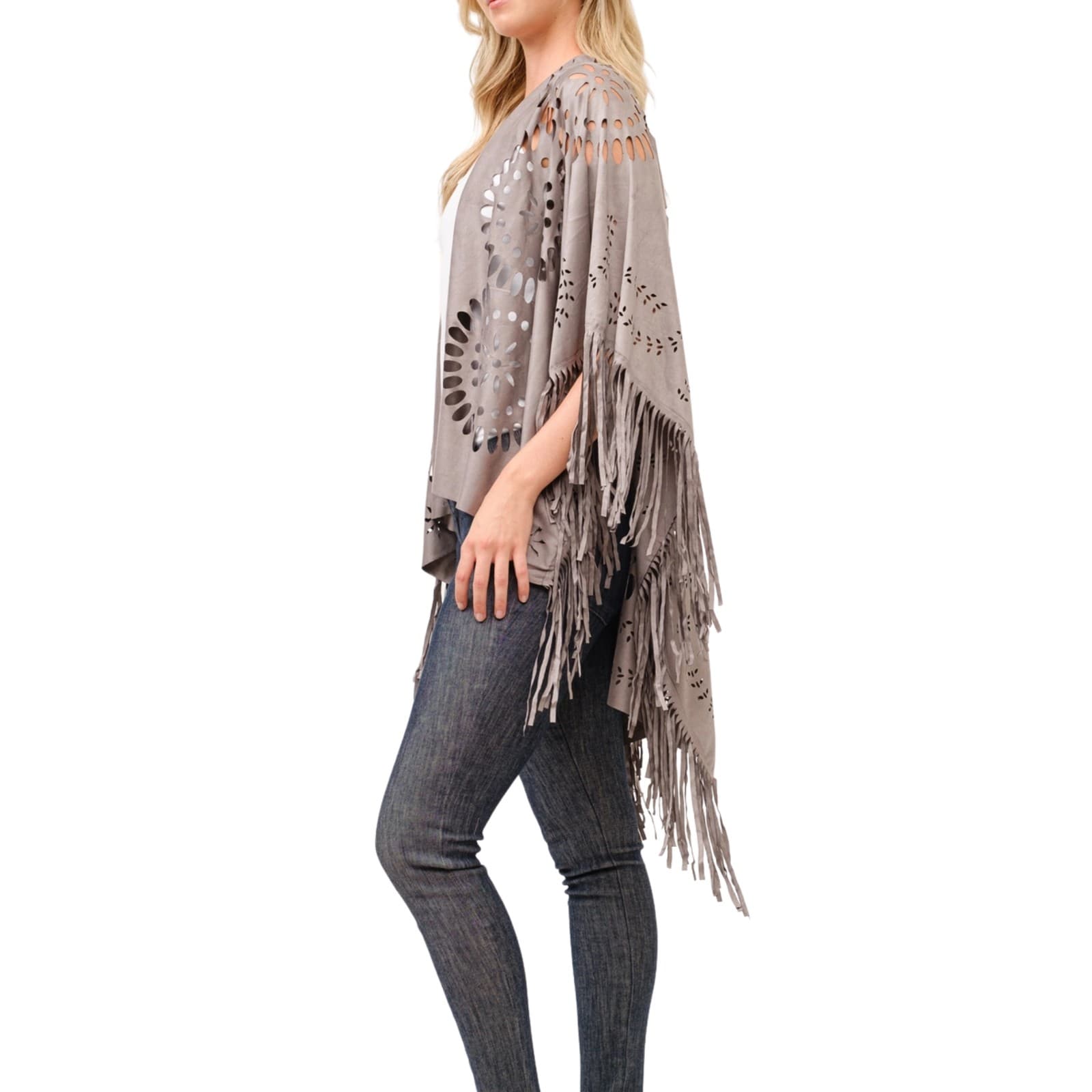 Mauve Faux Suede Western Style Poncho Ruana Cut Outs One Size Fringe - Thumbnail 4