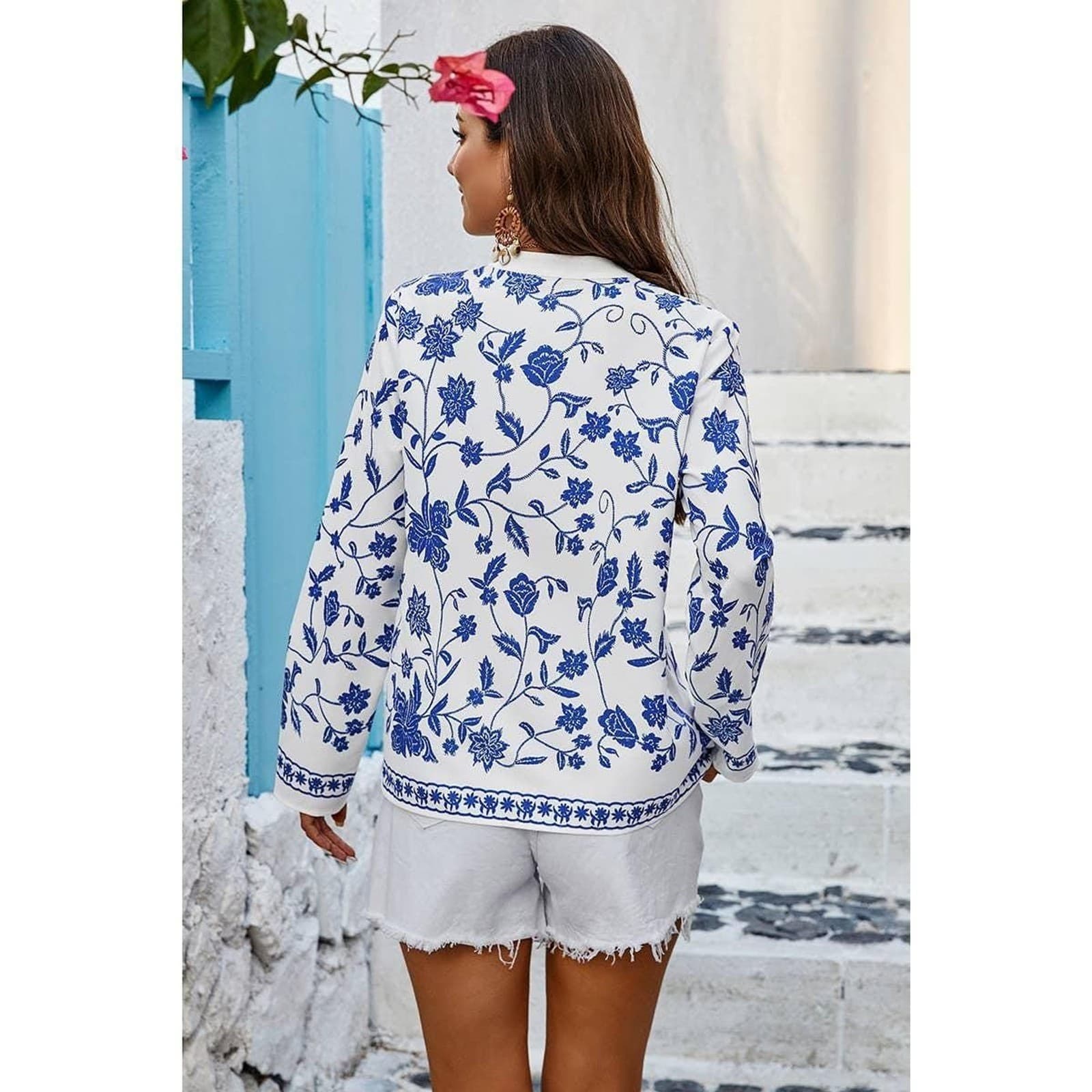 Floral Printed Loose Fit Blouse Royal Blue White Ladies Top V-Neck Size S,M,L,XL - Thumbnail 2