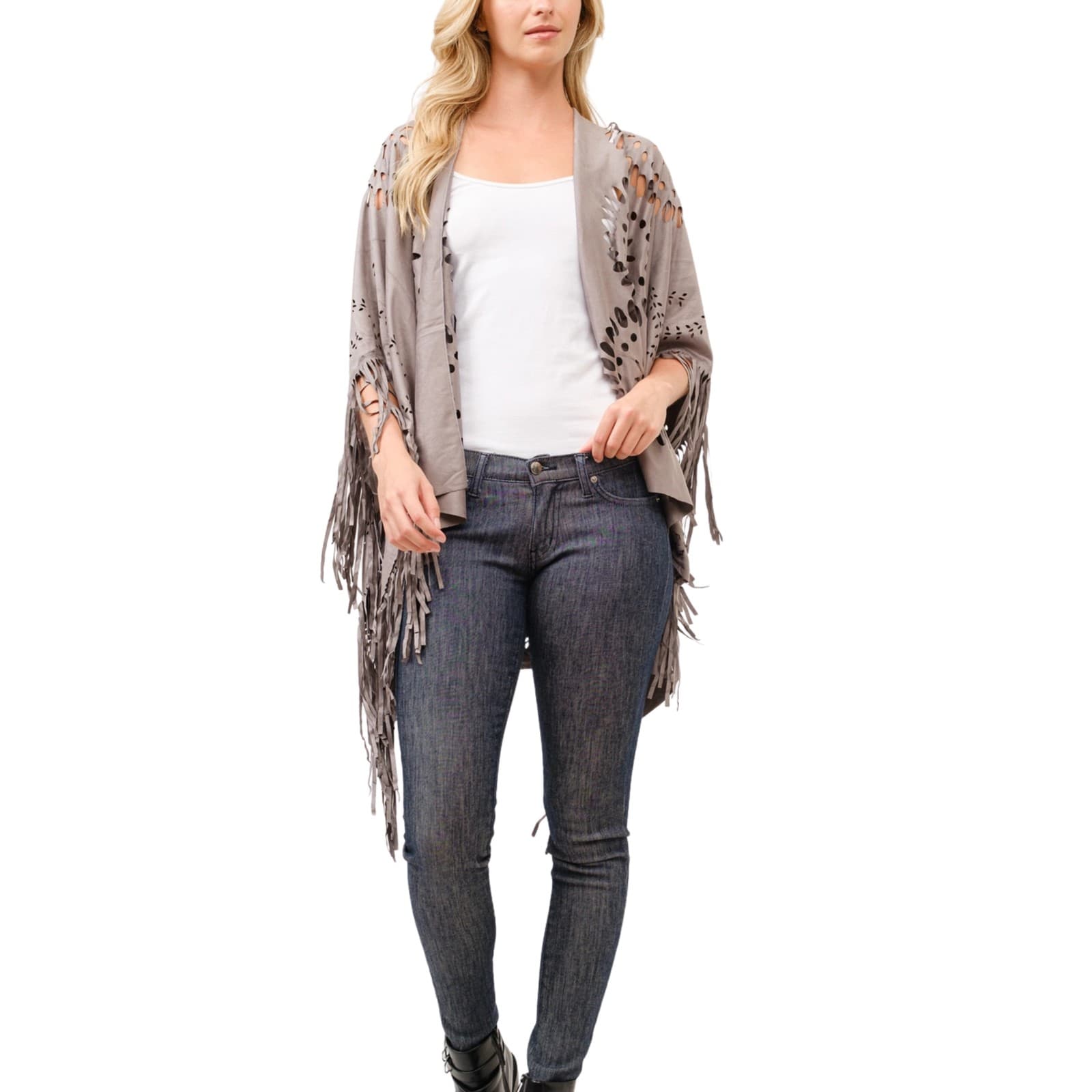 Mauve Faux Suede Western Style Poncho Ruana Cut Outs One Size Fringe (Copy) - Thumbnail 4