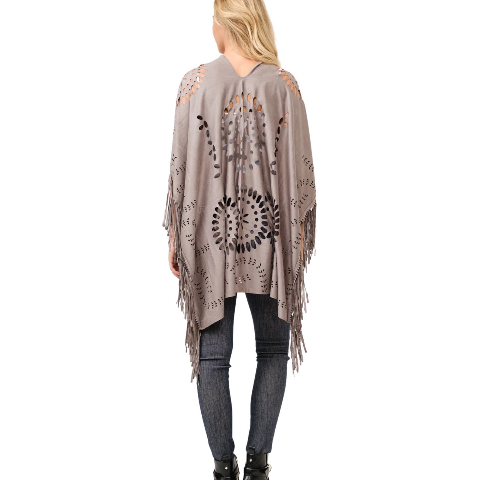 Mauve Faux Suede Western Style Poncho Ruana Cut Outs One Size Fringe (Copy) - Thumbnail 2