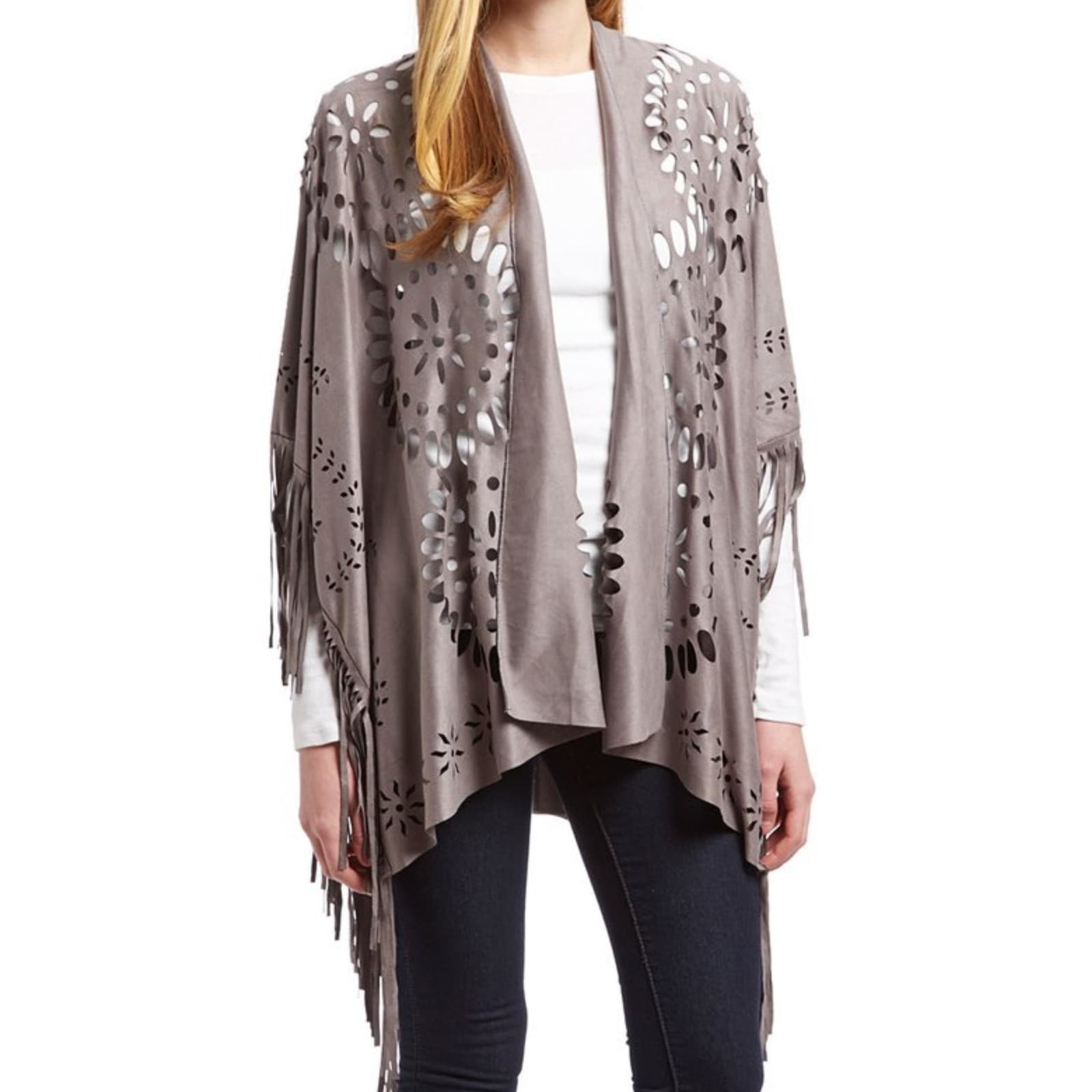 Mauve Faux Suede Western Style Poncho Ruana Cut Outs One Size Fringe (Copy) - Thumbnail 3
